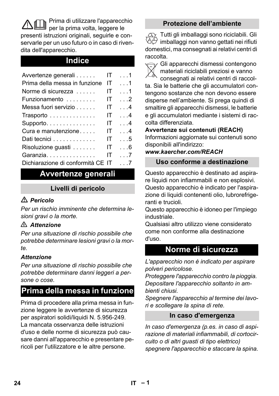 Italiano, Indice, Avvertenze generali | Prima della messa in funzione, Norme di sicurezza | Karcher IVL 50-24-2 User Manual | Page 24 / 192