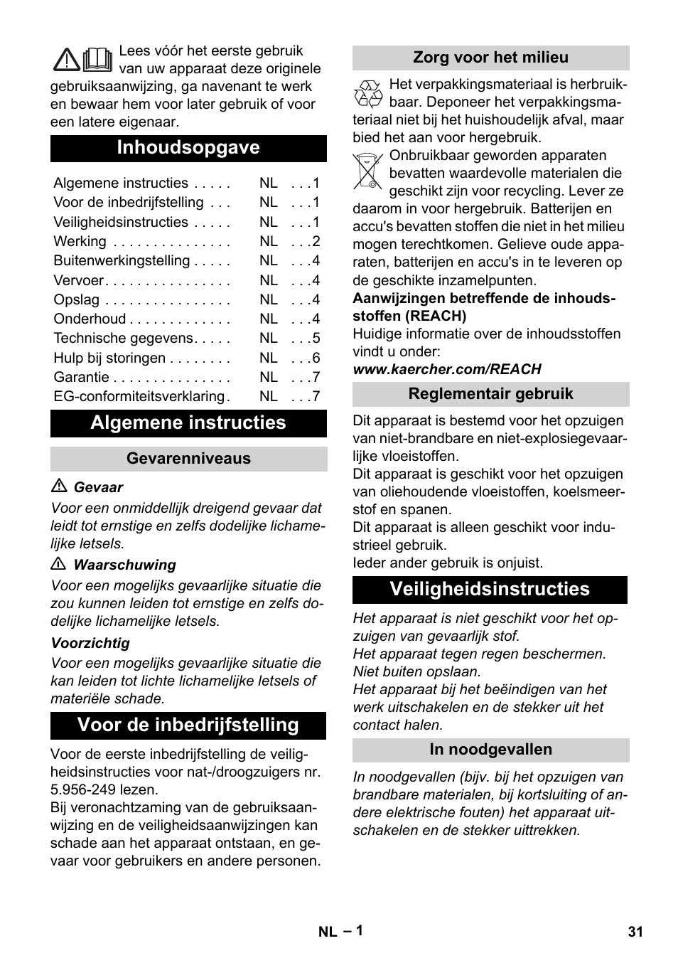 Nederlands, Inhoudsopgave, Algemene instructies | Voor de inbedrijfstelling, Veiligheidsinstructies | Karcher IVL 50-24-2 User Manual | Page 31 / 192