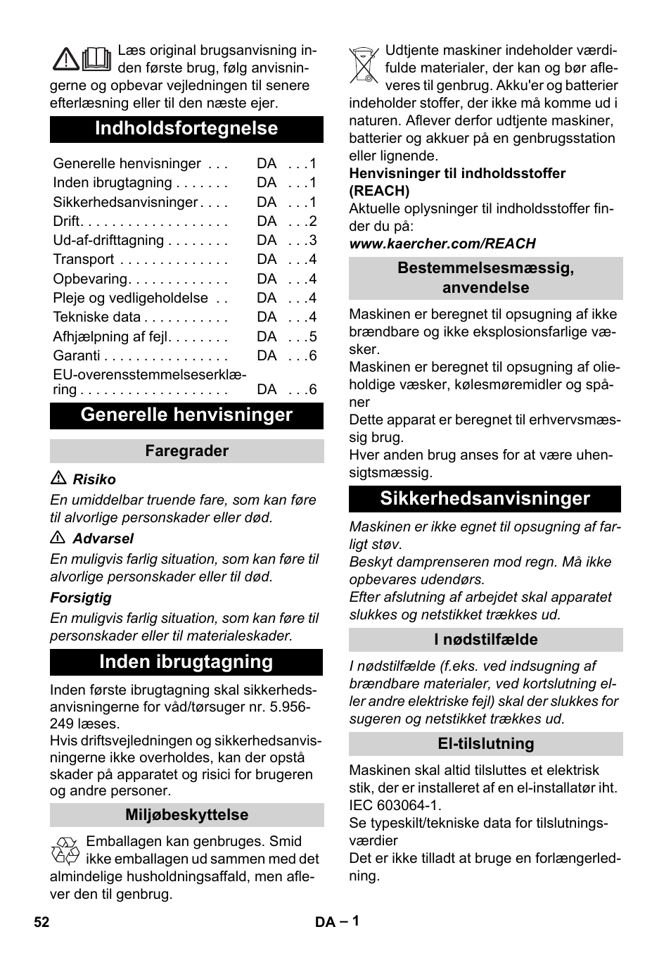 Dansk, Indholdsfortegnelse, Generelle henvisninger | Inden ibrugtagning, Sikkerhedsanvisninger | Karcher IVL 50-24-2 User Manual | Page 52 / 192