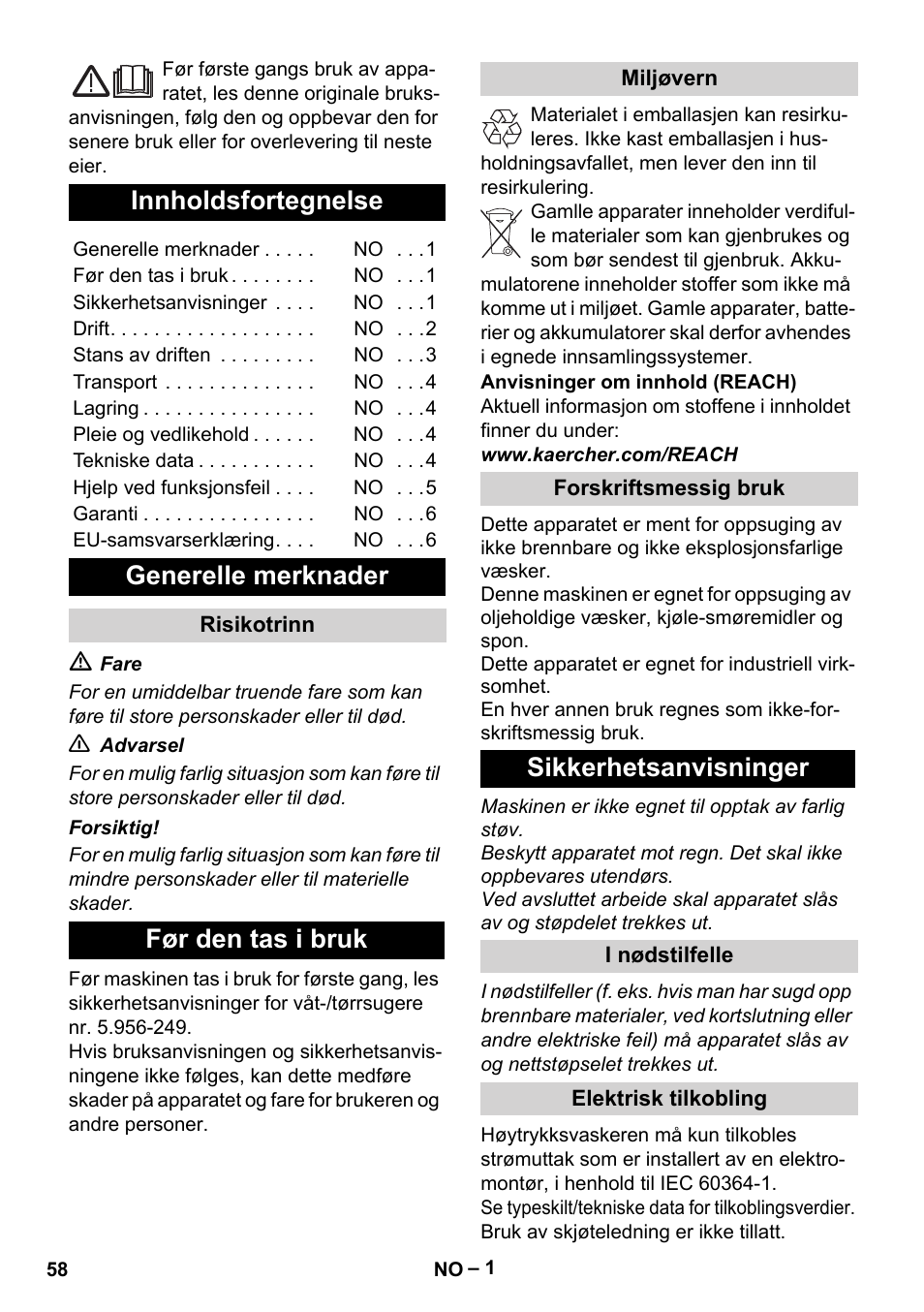 Norsk, Innholdsfortegnelse, Generelle merknader | Før den tas i bruk, Sikkerhetsanvisninger | Karcher IVL 50-24-2 User Manual | Page 58 / 192