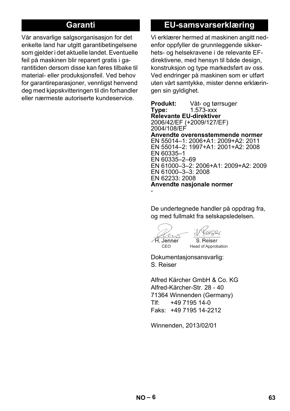 Garanti eu-samsvarserklæring | Karcher IVL 50-24-2 User Manual | Page 63 / 192