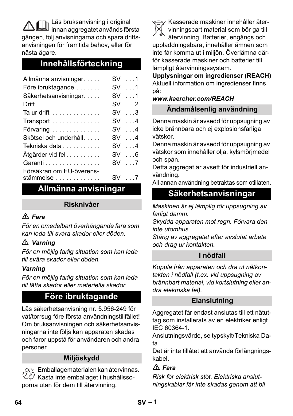 Svenska, Innehållsförteckning, Allmänna anvisningar | Före ibruktagande, Säkerhetsanvisningar | Karcher IVL 50-24-2 User Manual | Page 64 / 192