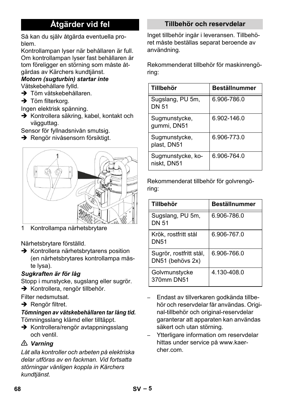 Åtgärder vid fel | Karcher IVL 50-24-2 User Manual | Page 68 / 192