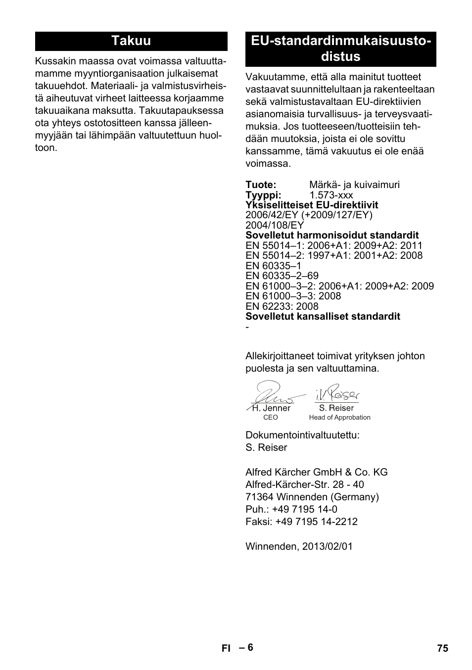 Takuu eu-standardinmukaisuusto- distus | Karcher IVL 50-24-2 User Manual | Page 75 / 192
