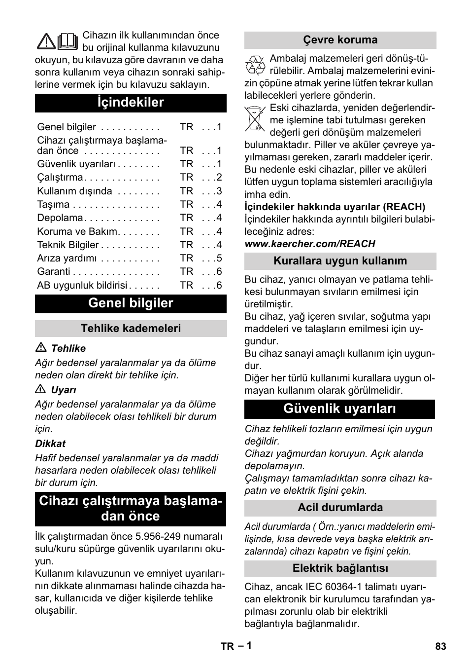 Türkçe, Içindekiler, Genel bilgiler | Cihazı çalıştırmaya başlama- dan önce, Güvenlik uyarıları | Karcher IVL 50-24-2 User Manual | Page 83 / 192