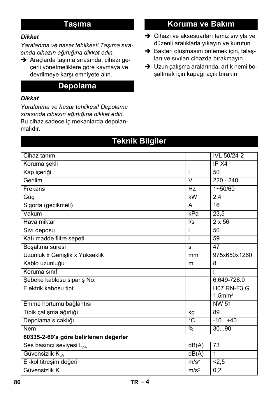 Taşıma depolama koruma ve bakım teknik bilgiler | Karcher IVL 50-24-2 User Manual | Page 86 / 192
