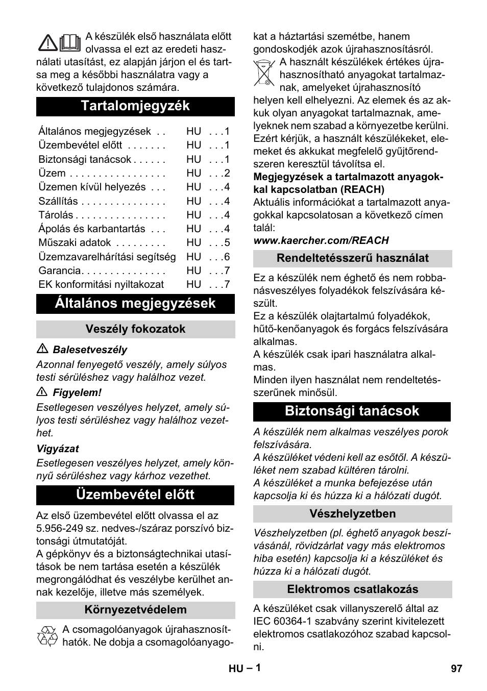 Magyar, Tartalomjegyzék, Általános megjegyzések | Üzembevétel előtt, Biztonsági tanácsok | Karcher IVL 50-24-2 User Manual | Page 97 / 192