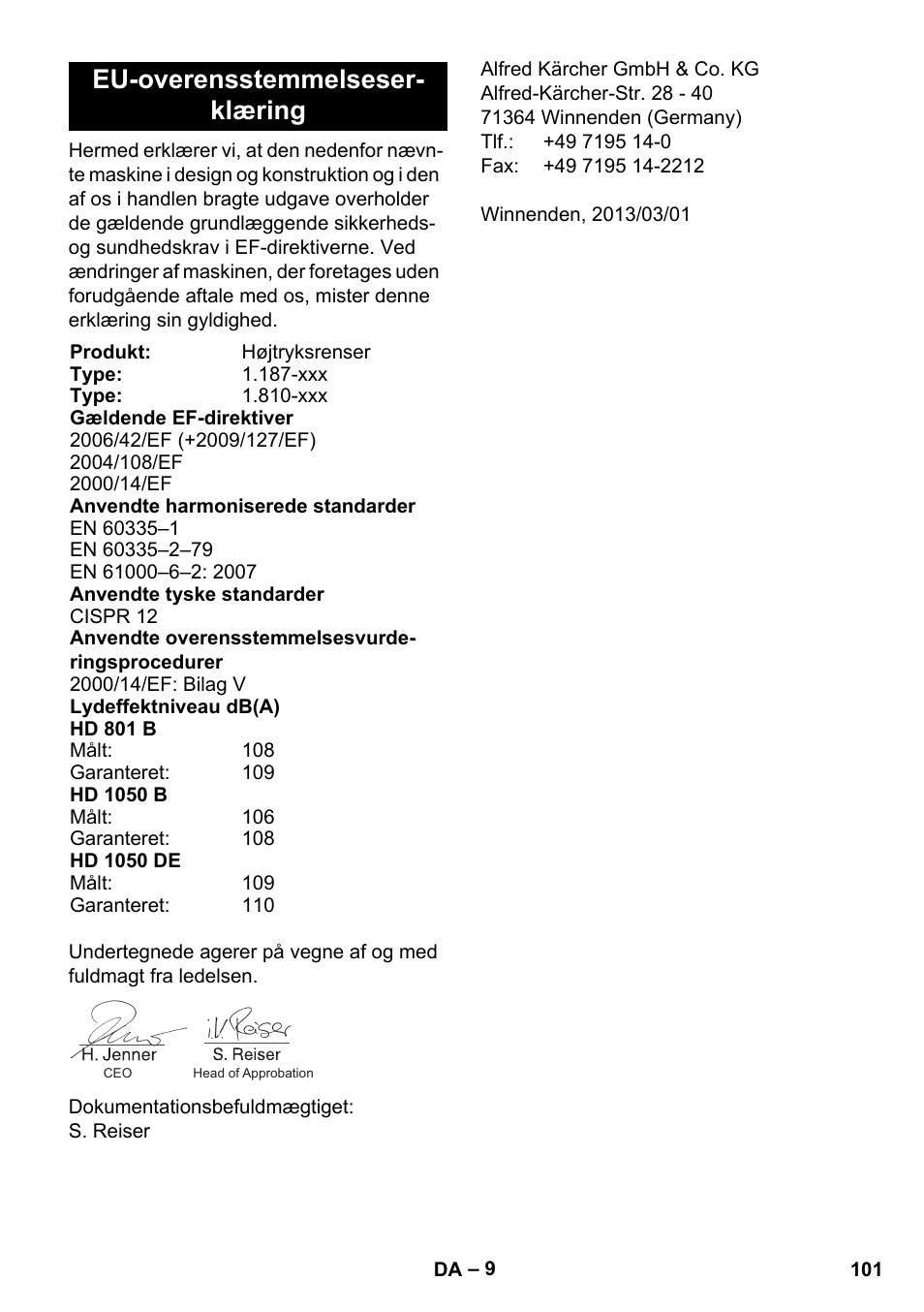 Eu-overensstemmelseser- klæring | Karcher HD 1050 De Cage User Manual | Page 101 / 286