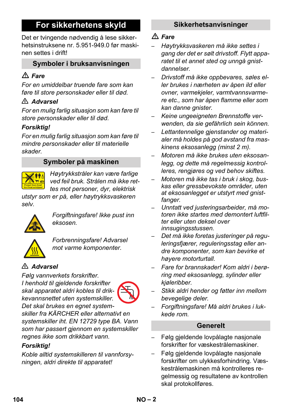 For sikkerhetens skyld | Karcher HD 1050 De Cage User Manual | Page 104 / 286