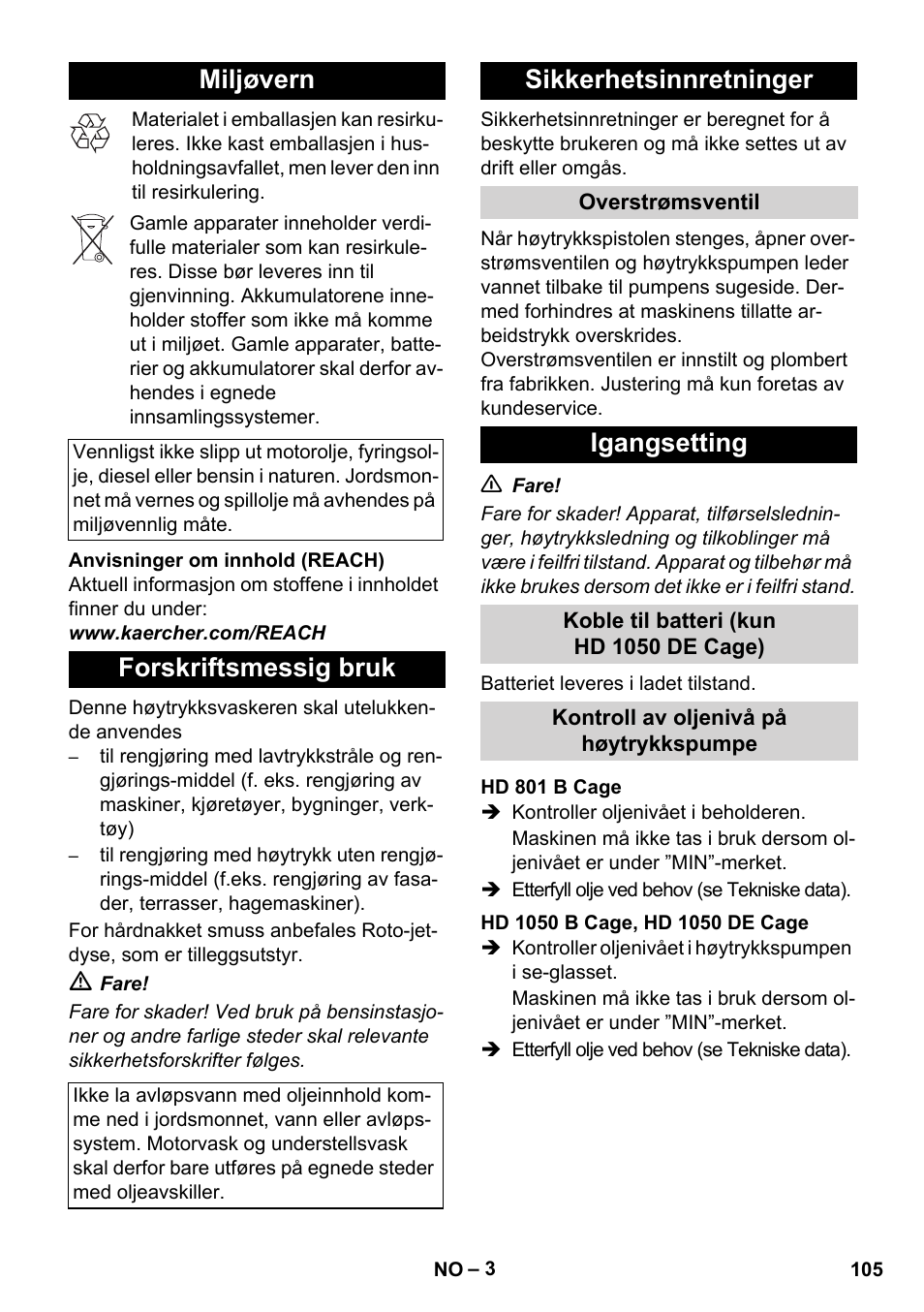 Miljøvern, Forskriftsmessig bruk, Sikkerhetsinnretninger | Igangsetting | Karcher HD 1050 De Cage User Manual | Page 105 / 286