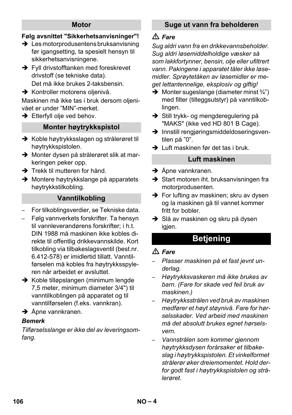 Betjening | Karcher HD 1050 De Cage User Manual | Page 106 / 286