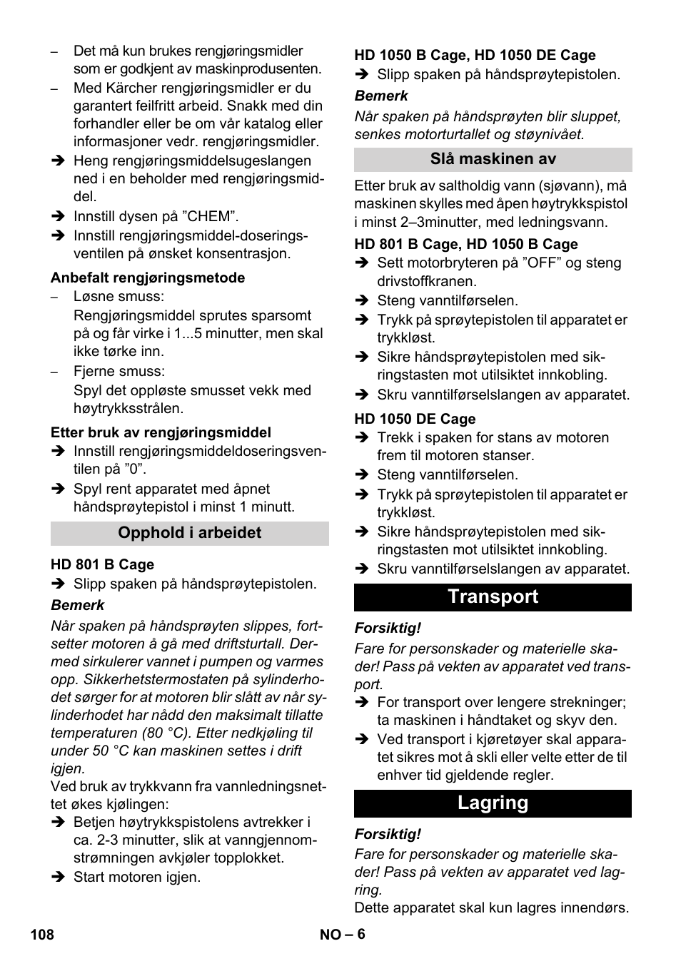 Transport lagring | Karcher HD 1050 De Cage User Manual | Page 108 / 286
