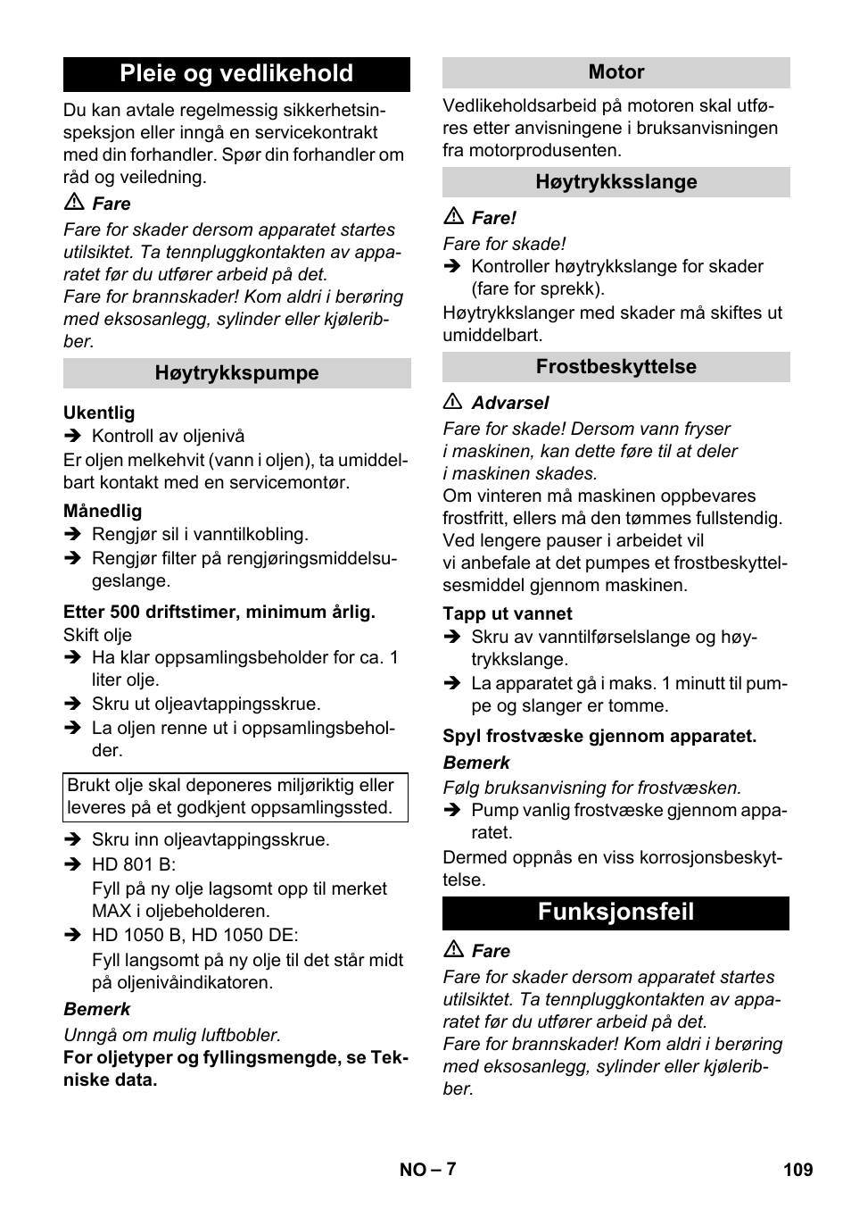 Pleie og vedlikehold, Funksjonsfeil | Karcher HD 1050 De Cage User Manual | Page 109 / 286