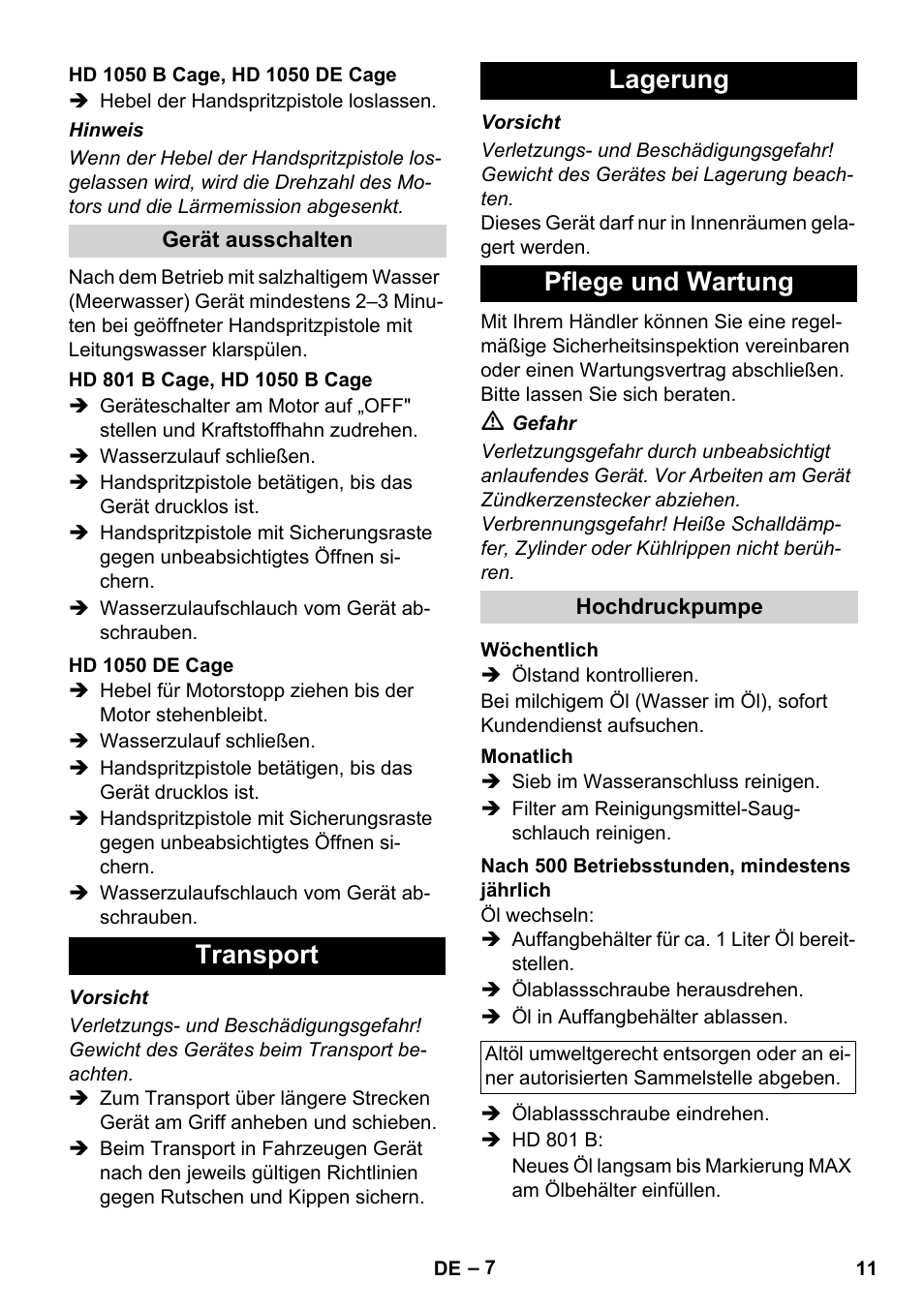 Transport lagerung pflege und wartung | Karcher HD 1050 De Cage User Manual | Page 11 / 286