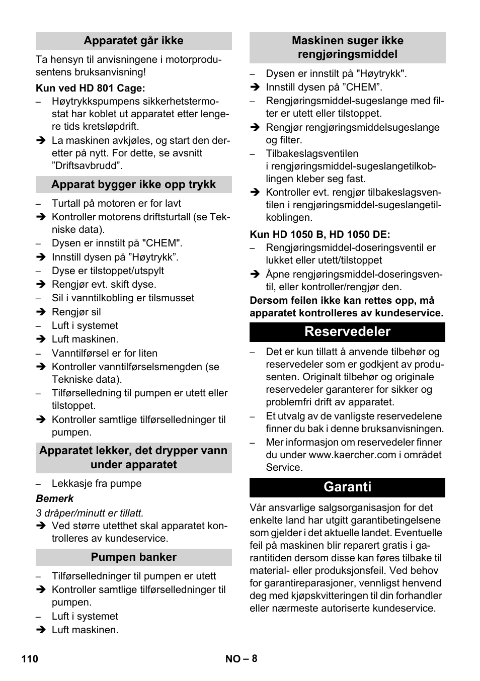 Reservedeler garanti | Karcher HD 1050 De Cage User Manual | Page 110 / 286