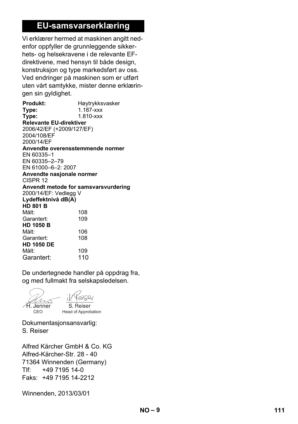 Eu-samsvarserklæring | Karcher HD 1050 De Cage User Manual | Page 111 / 286