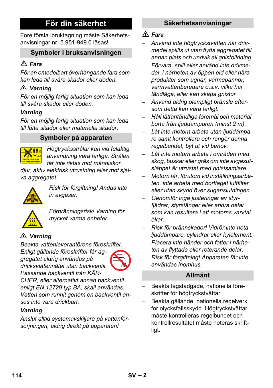 För din säkerhet | Karcher HD 1050 De Cage User Manual | Page 114 / 286