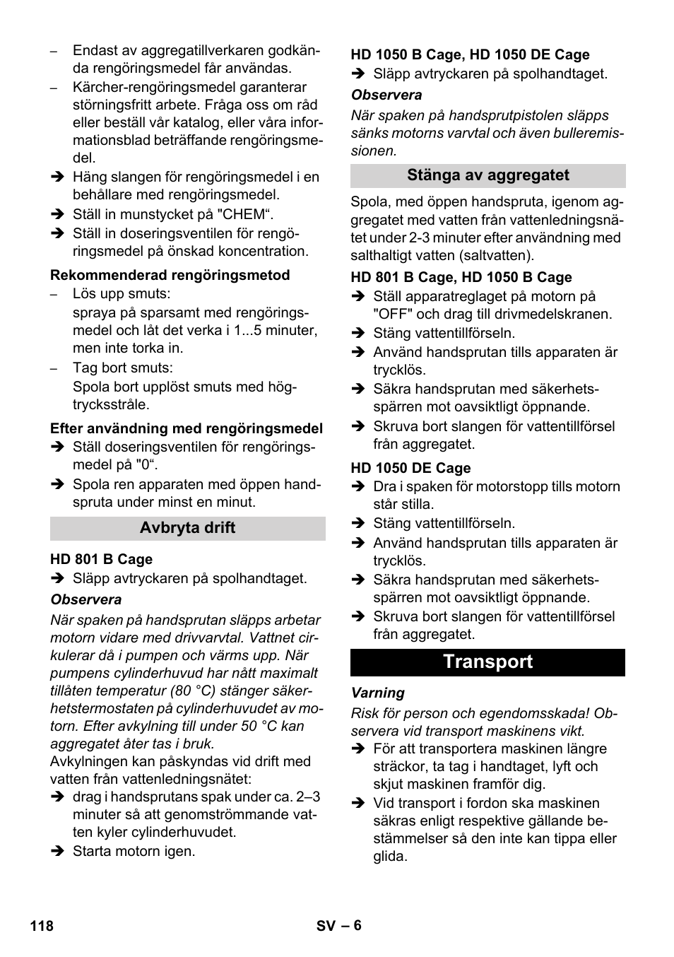Transport | Karcher HD 1050 De Cage User Manual | Page 118 / 286