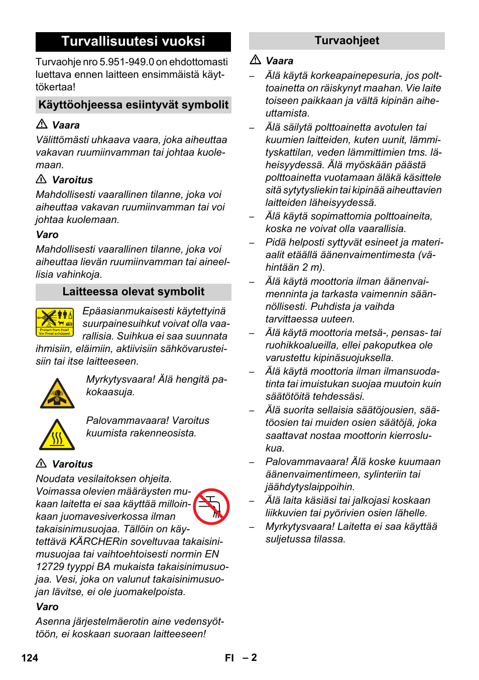 Turvallisuutesi vuoksi | Karcher HD 1050 De Cage User Manual | Page 124 / 286