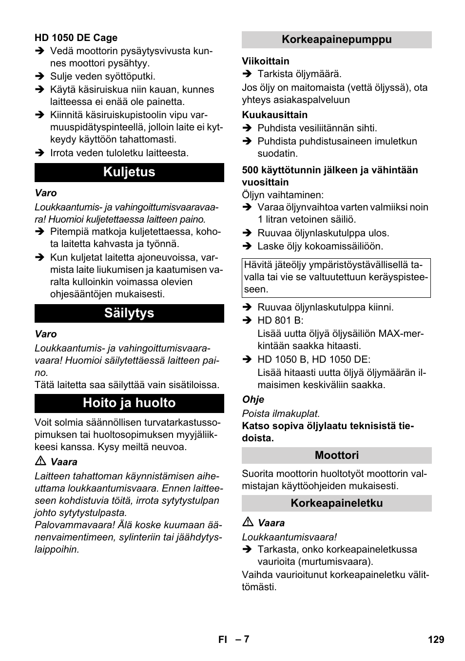 Kuljetus säilytys hoito ja huolto | Karcher HD 1050 De Cage User Manual | Page 129 / 286