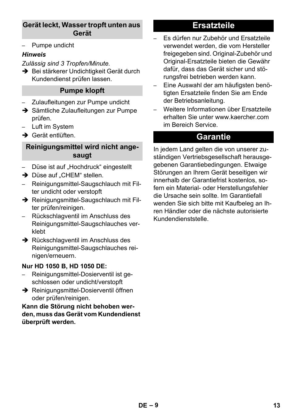 Ersatzteile garantie | Karcher HD 1050 De Cage User Manual | Page 13 / 286