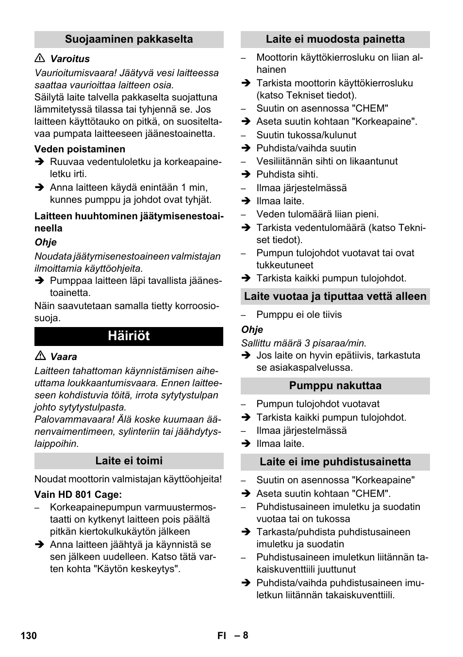 Häiriöt | Karcher HD 1050 De Cage User Manual | Page 130 / 286