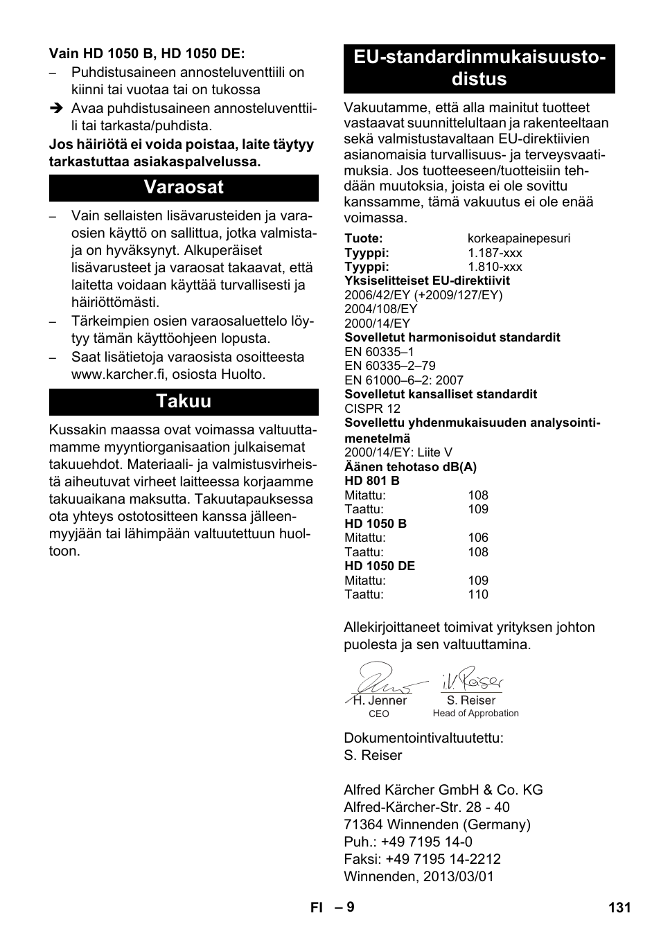 Varaosat takuu eu-standardinmukaisuusto- distus | Karcher HD 1050 De Cage User Manual | Page 131 / 286