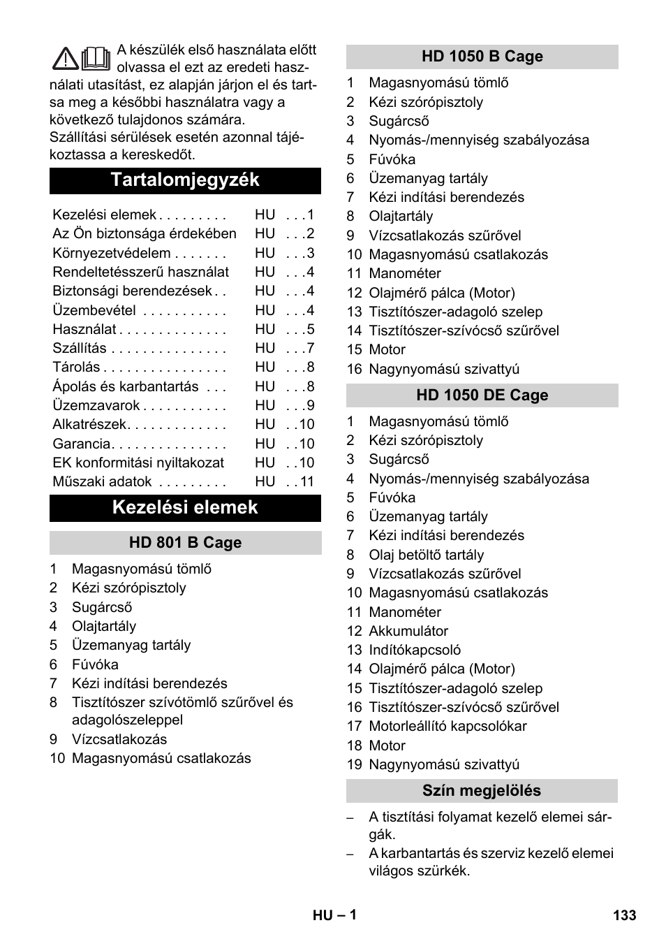 Magyar, Tartalomjegyzék, Kezelési elemek | Karcher HD 1050 De Cage User Manual | Page 133 / 286