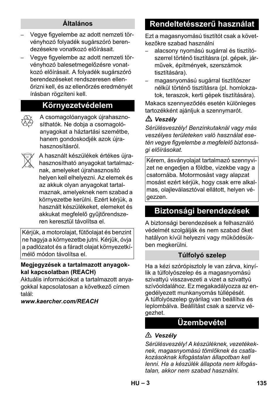 Környezetvédelem, Rendeltetésszerű használat, Biztonsági berendezések | Üzembevétel | Karcher HD 1050 De Cage User Manual | Page 135 / 286
