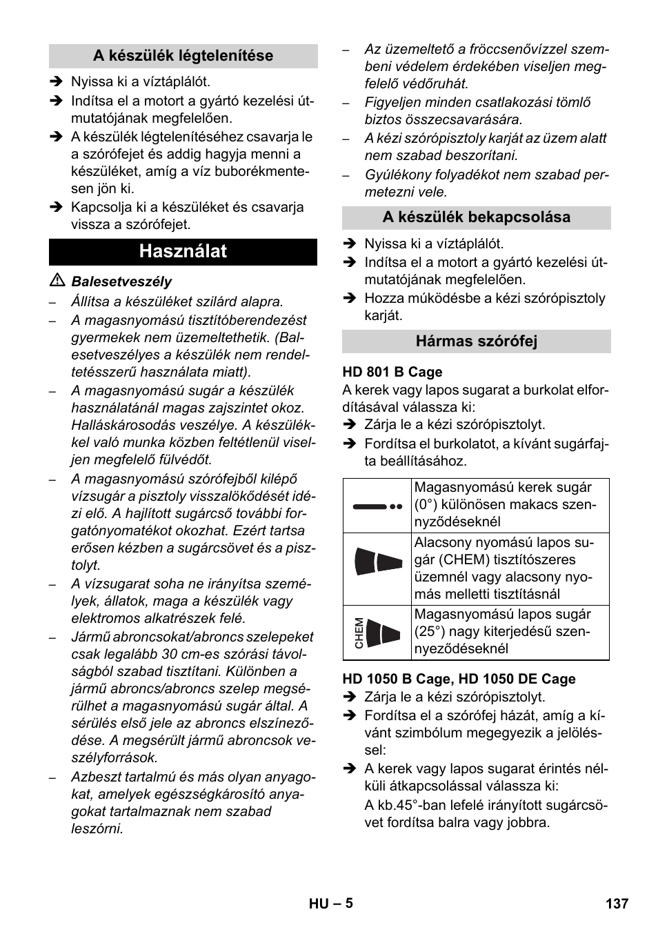Használat | Karcher HD 1050 De Cage User Manual | Page 137 / 286
