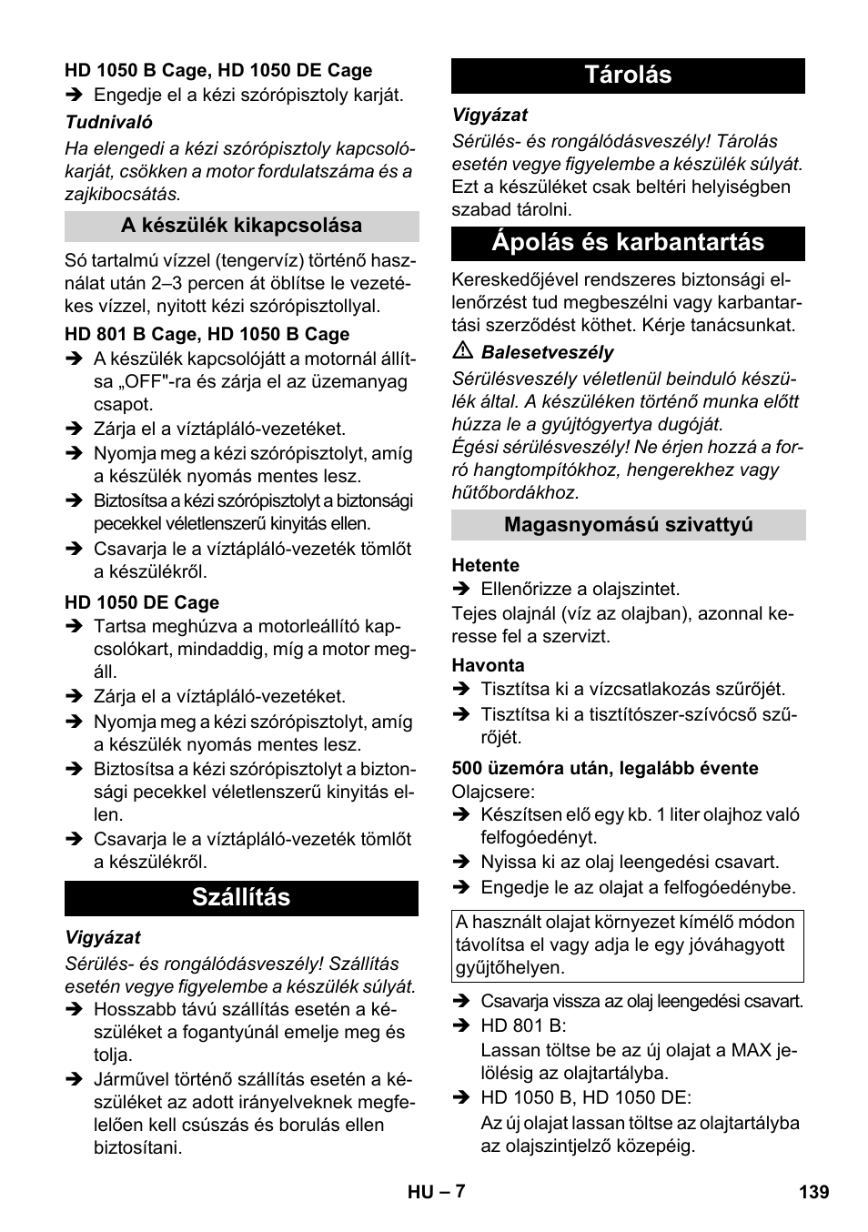 Szállítás tárolás ápolás és karbantartás | Karcher HD 1050 De Cage User Manual | Page 139 / 286