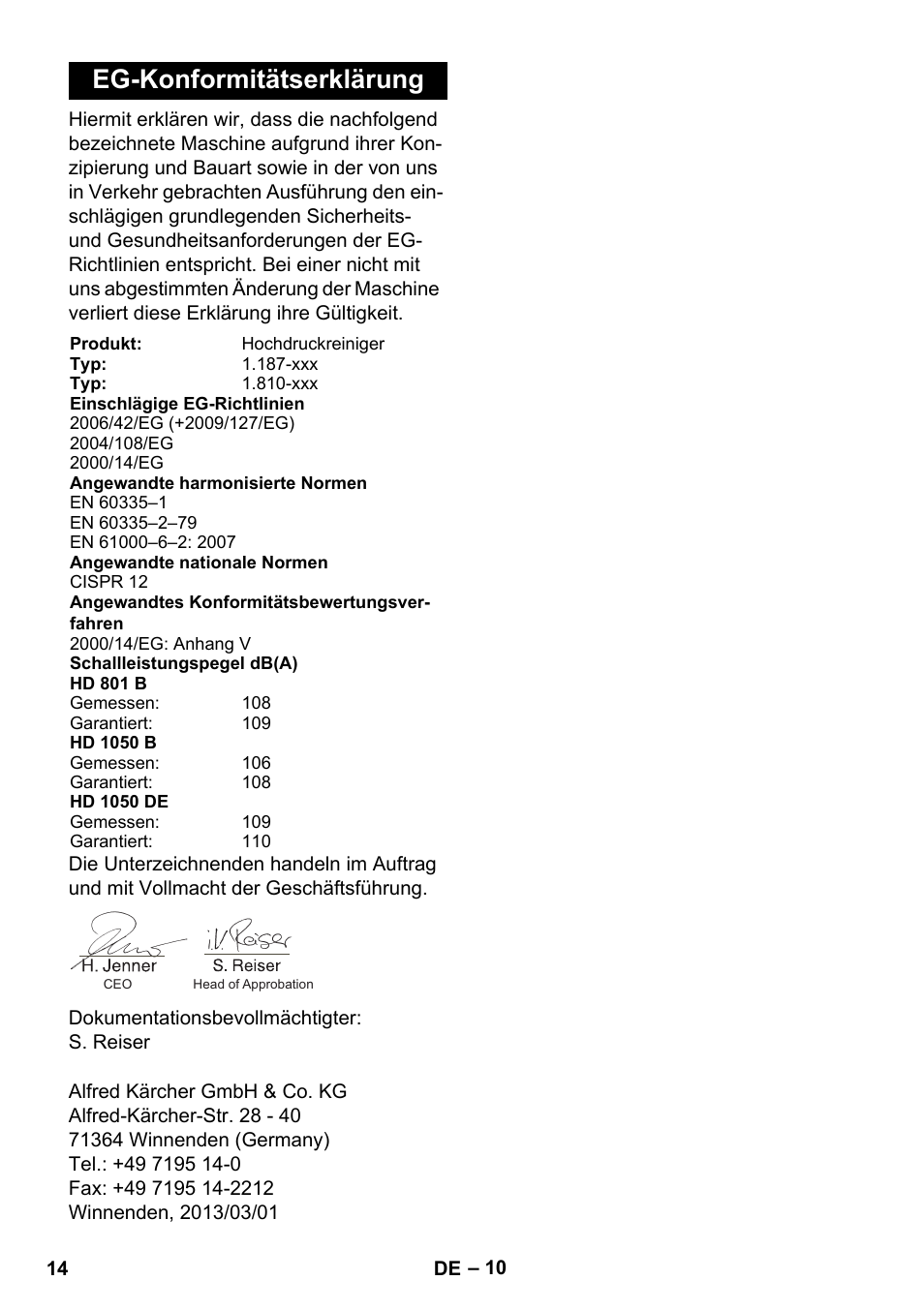 Eg-konformitätserklärung | Karcher HD 1050 De Cage User Manual | Page 14 / 286