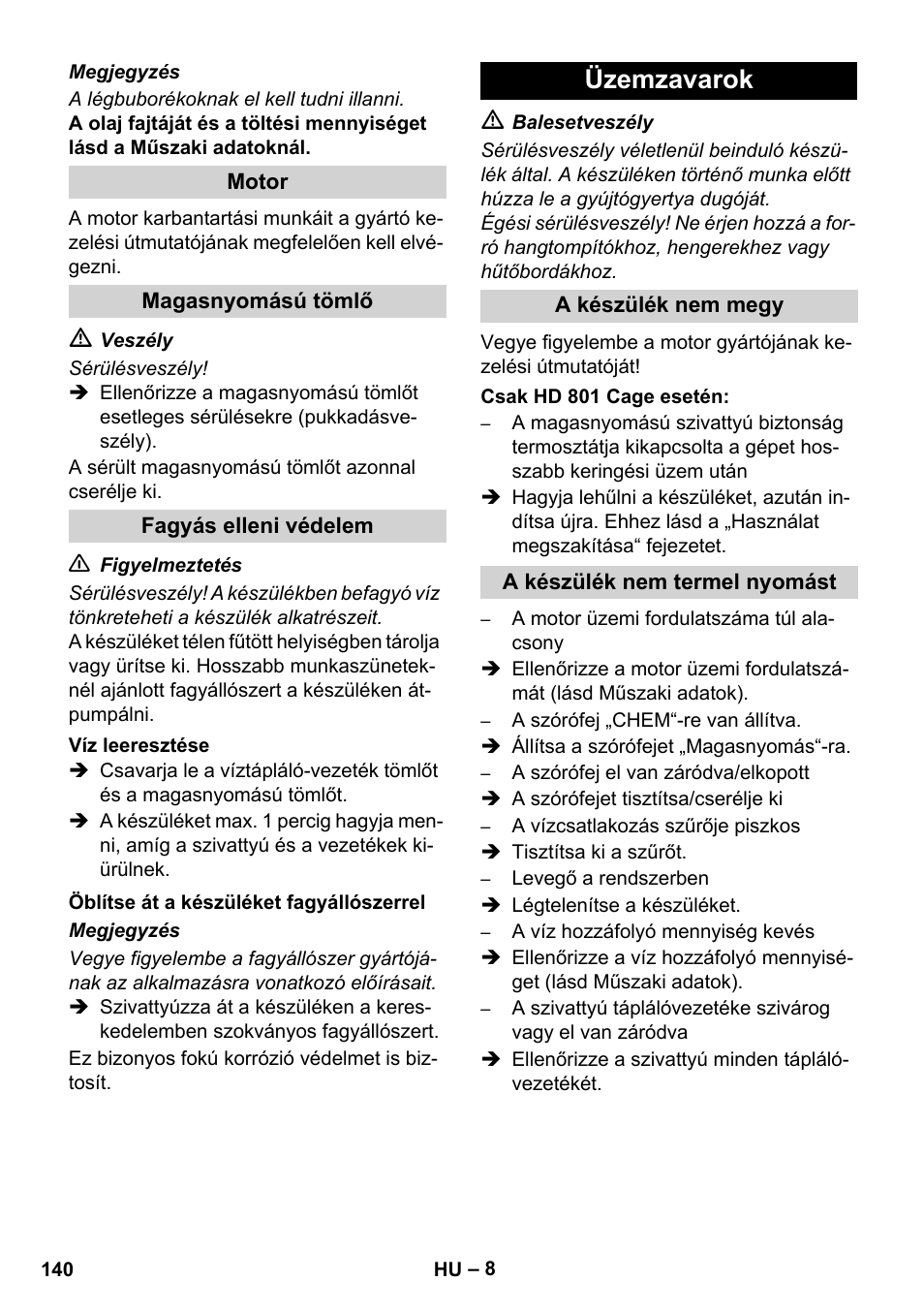 Üzemzavarok | Karcher HD 1050 De Cage User Manual | Page 140 / 286