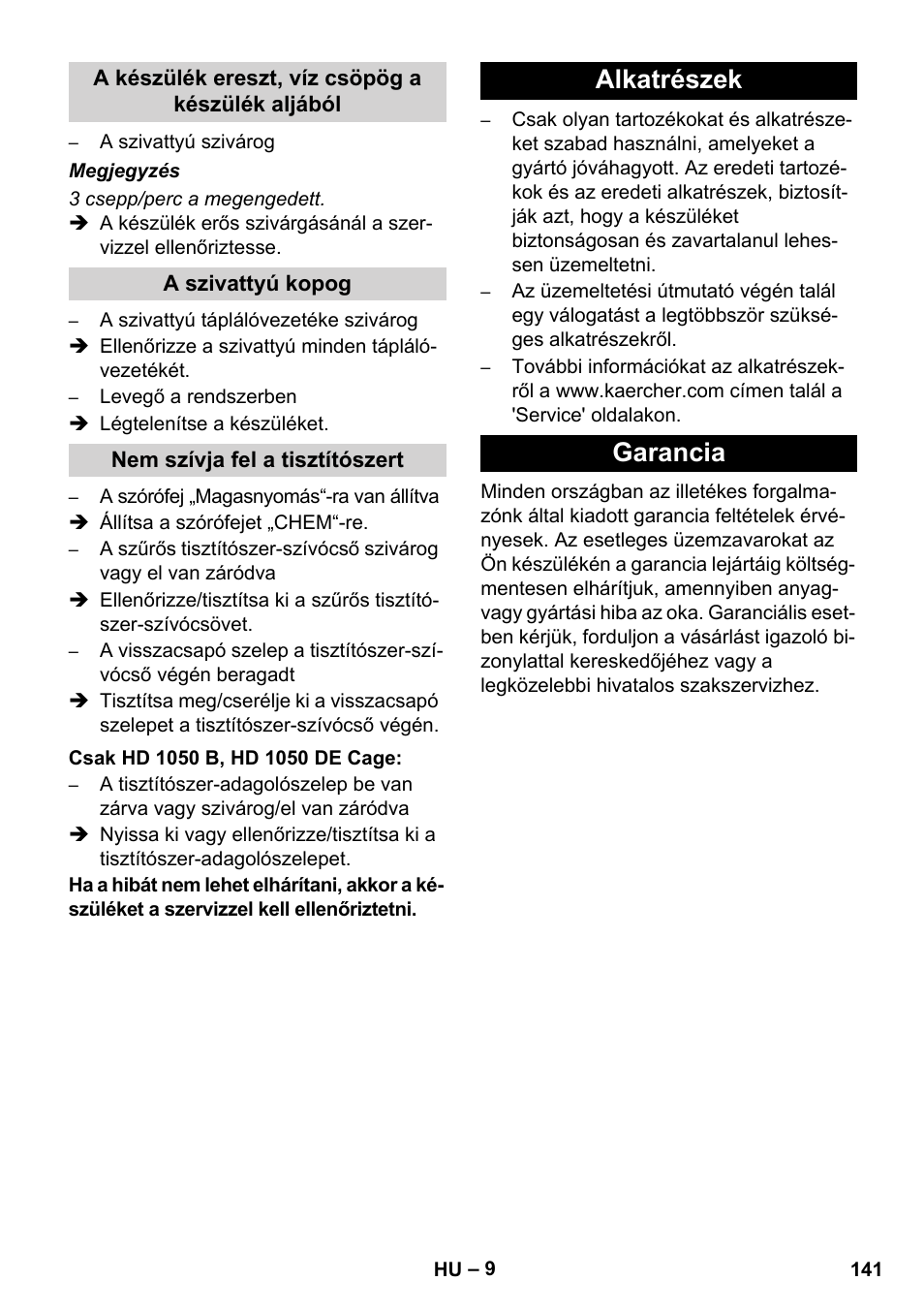 Alkatrészek garancia | Karcher HD 1050 De Cage User Manual | Page 141 / 286