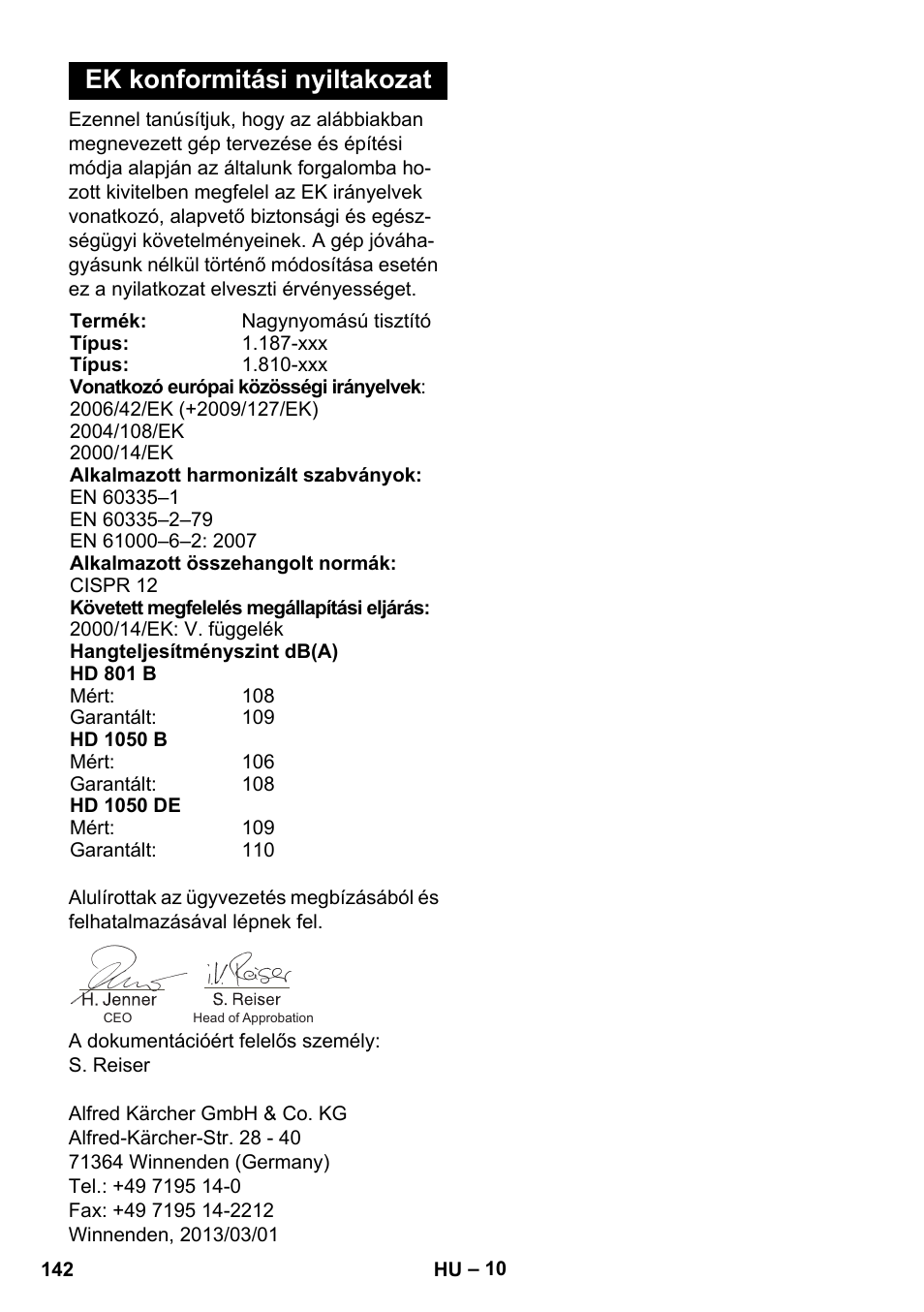 Ek konformitási nyiltakozat | Karcher HD 1050 De Cage User Manual | Page 142 / 286