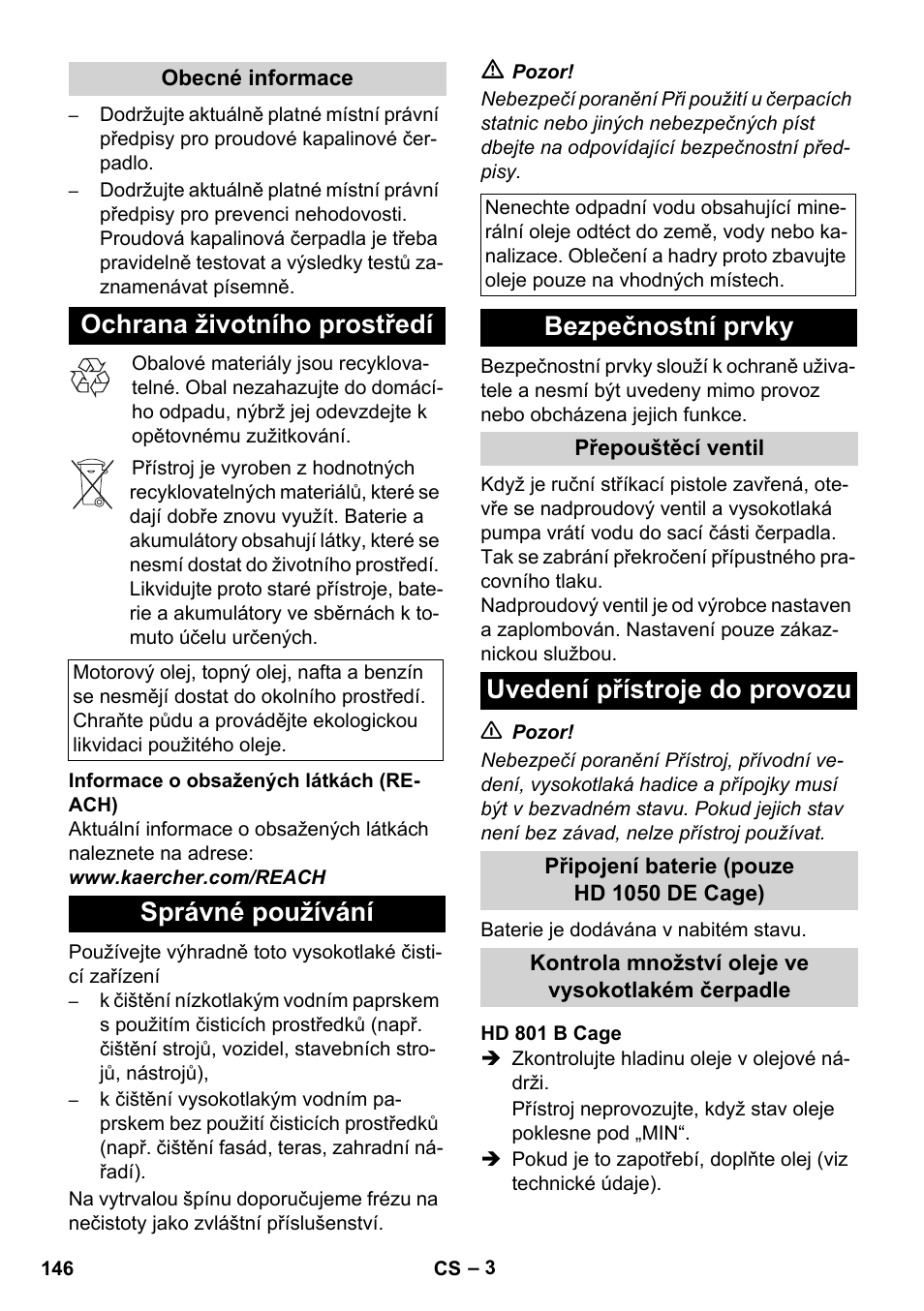 Ochrana životního prostředí, Správné používání, Bezpečnostní prvky | Uvedení přístroje do provozu | Karcher HD 1050 De Cage User Manual | Page 146 / 286