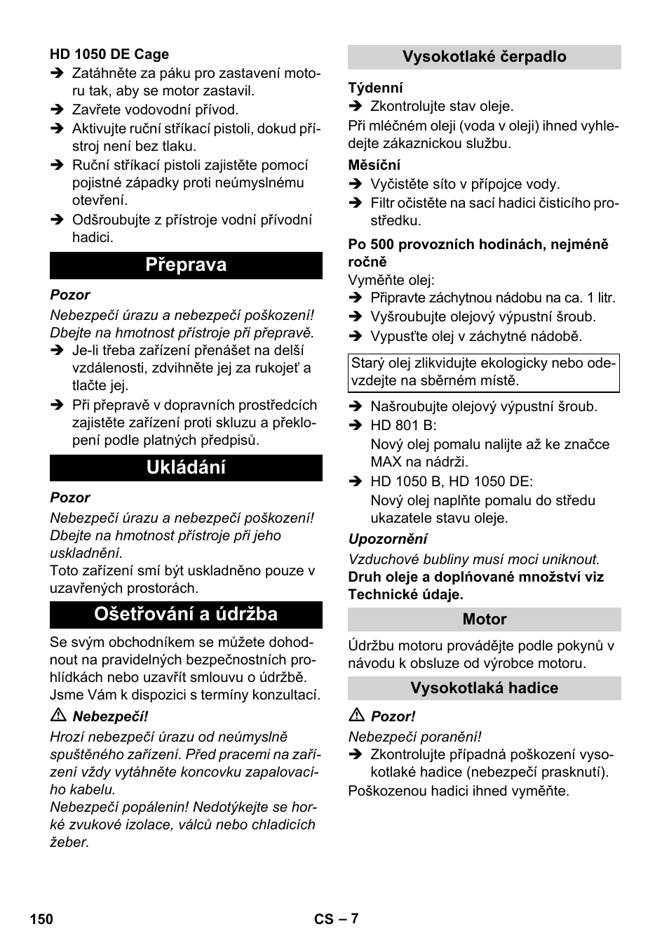 Přeprava ukládání ošetřování a údržba | Karcher HD 1050 De Cage User Manual | Page 150 / 286