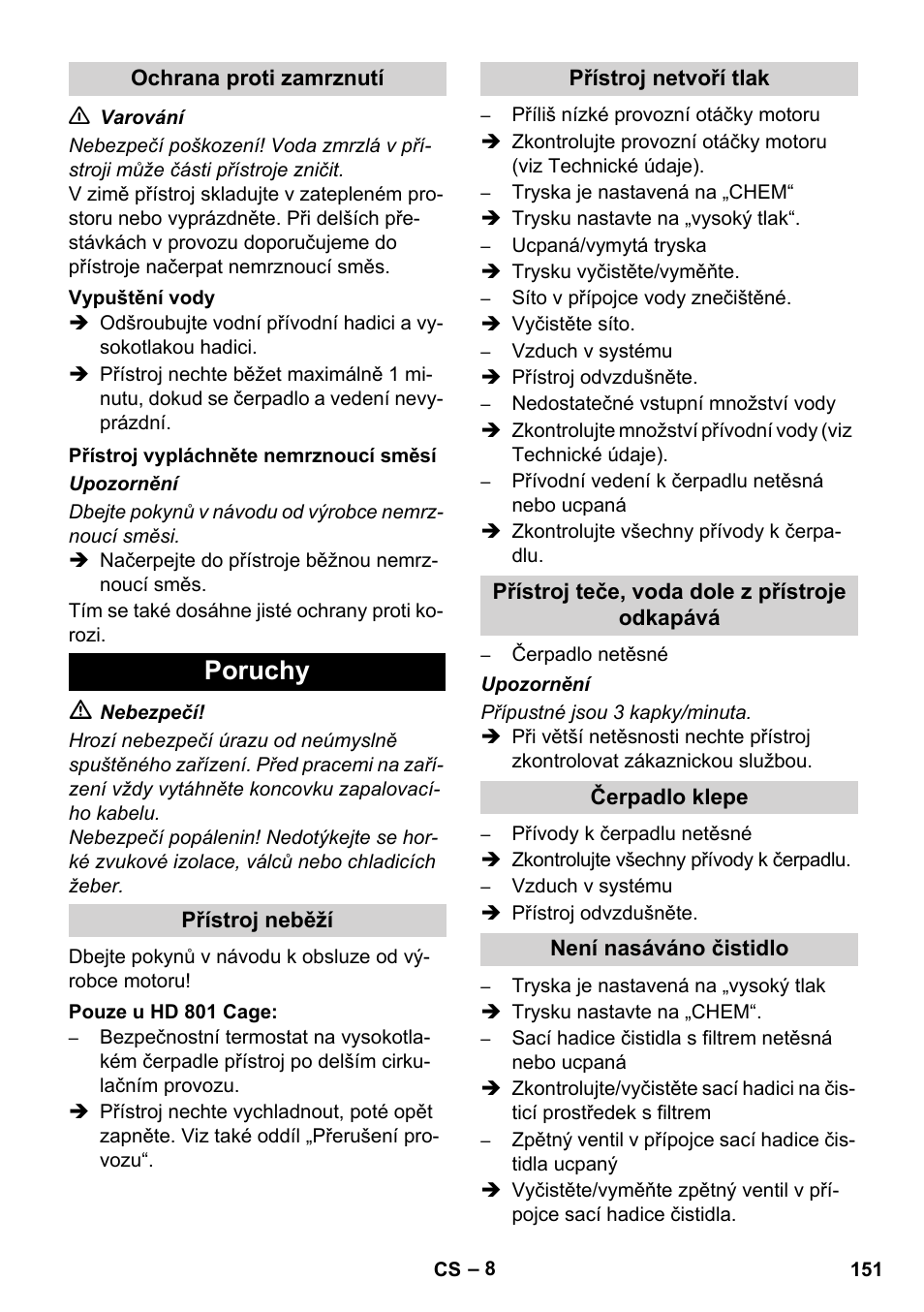 Poruchy | Karcher HD 1050 De Cage User Manual | Page 151 / 286