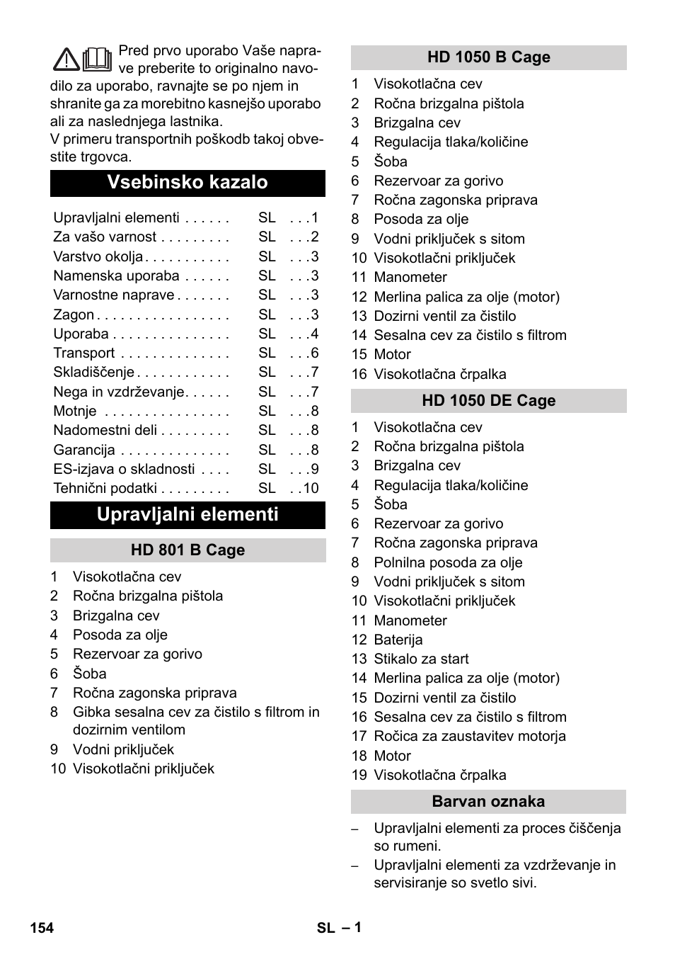 Slovenščina, Vsebinsko kazalo, Upravljalni elementi | Karcher HD 1050 De Cage User Manual | Page 154 / 286