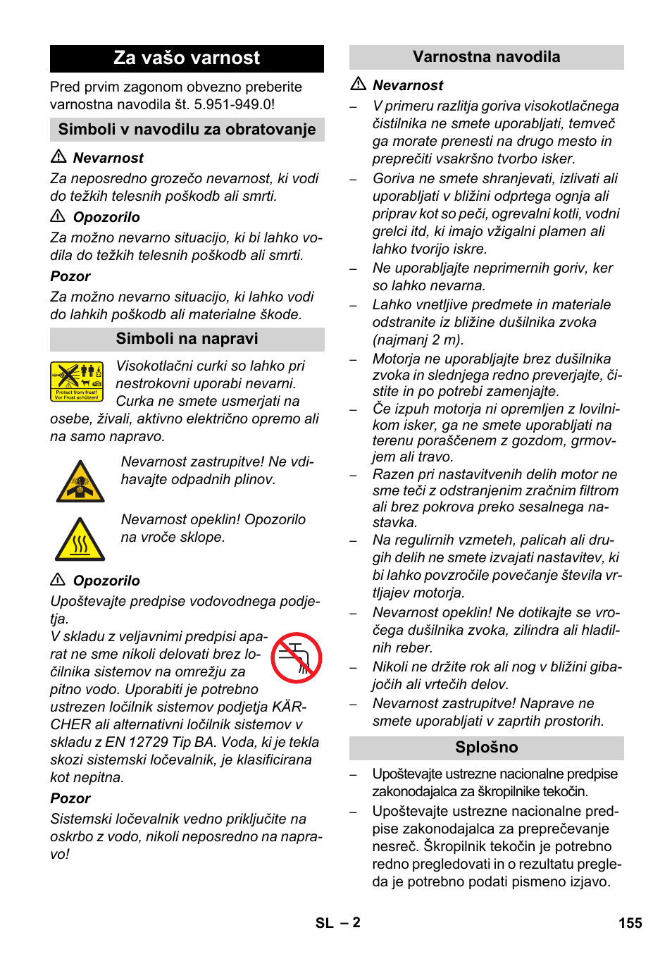 Za vašo varnost | Karcher HD 1050 De Cage User Manual | Page 155 / 286