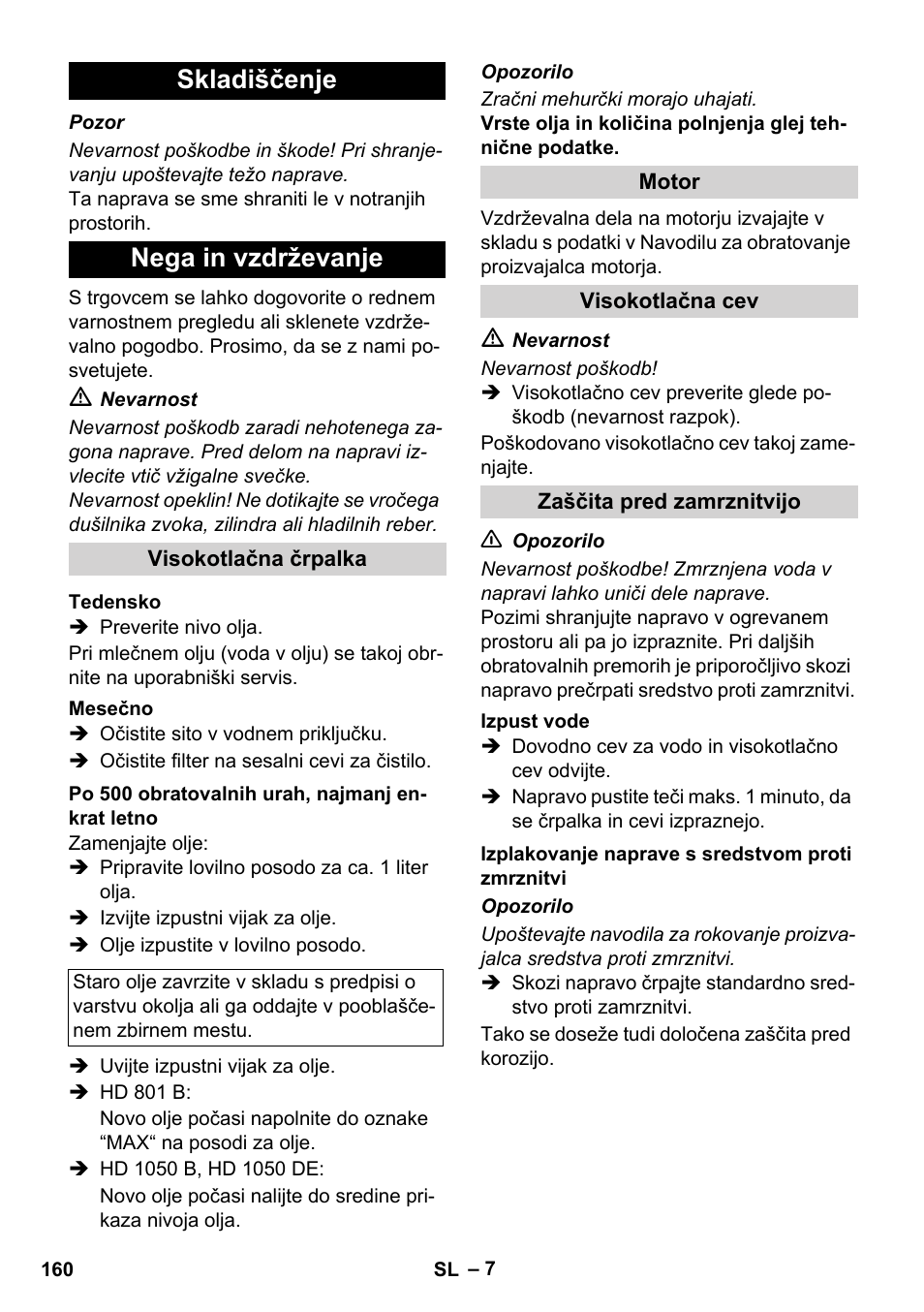 Skladiščenje nega in vzdrževanje | Karcher HD 1050 De Cage User Manual | Page 160 / 286