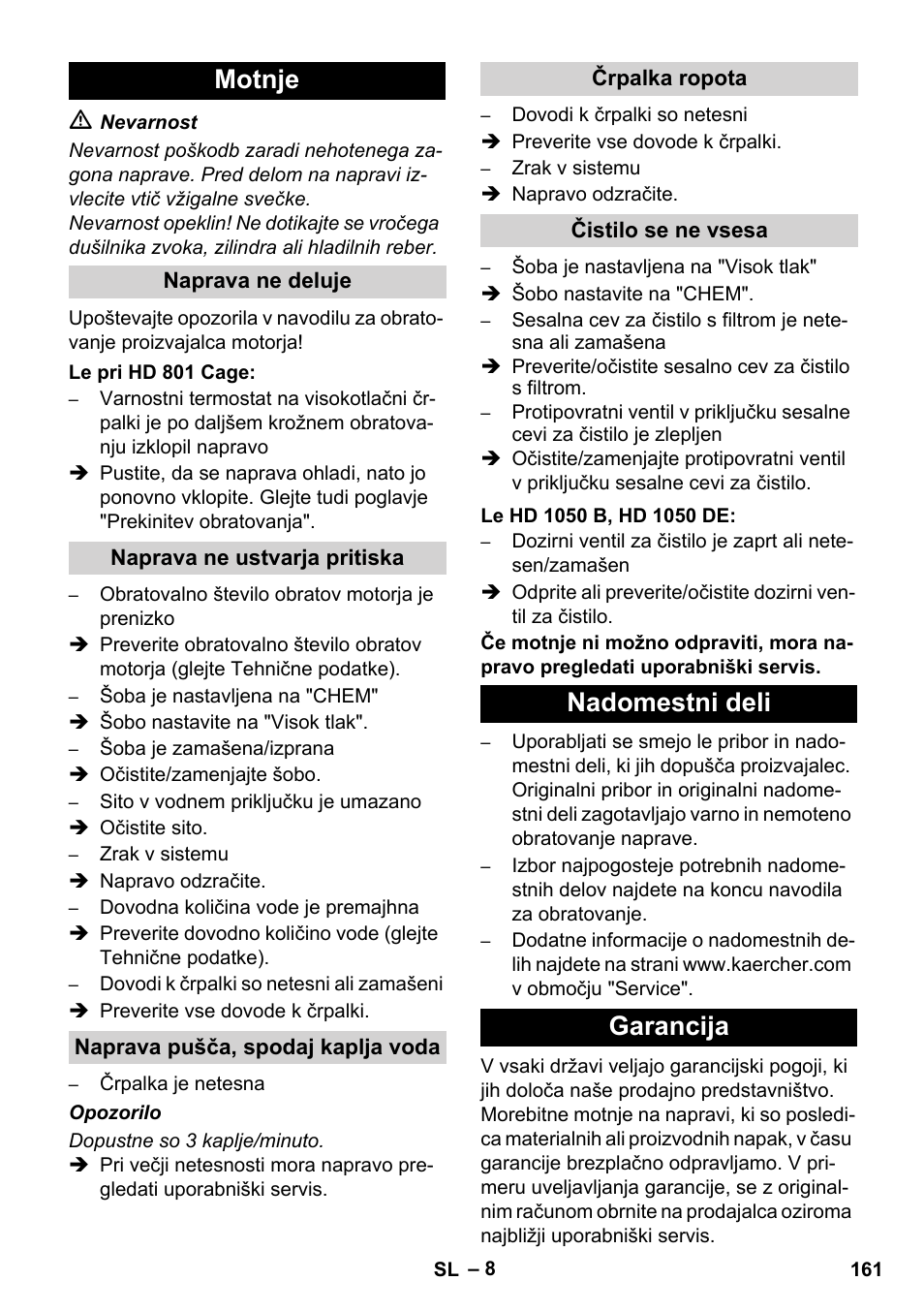 Motnje, Nadomestni deli garancija | Karcher HD 1050 De Cage User Manual | Page 161 / 286