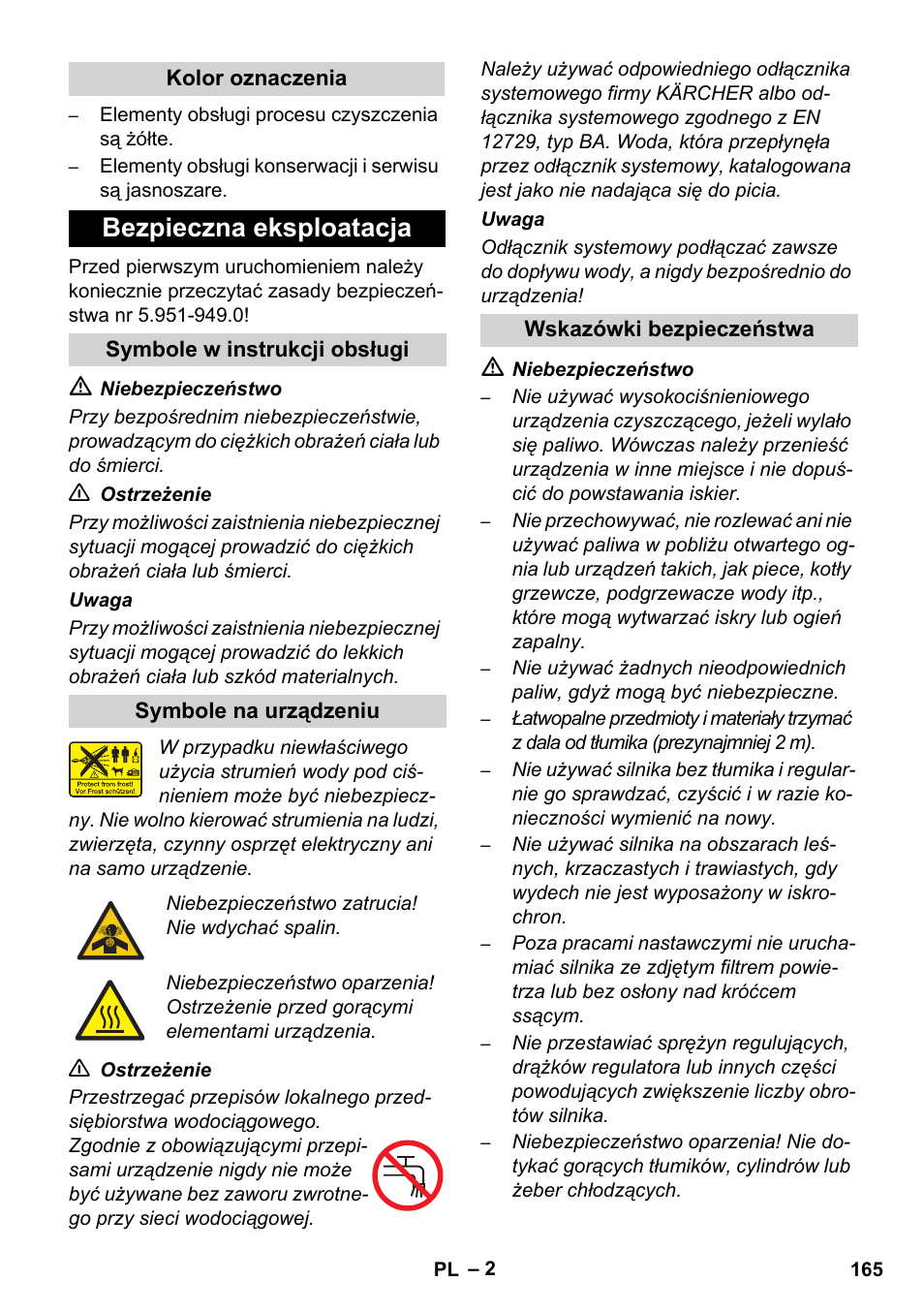 Bezpieczna eksploatacja | Karcher HD 1050 De Cage User Manual | Page 165 / 286