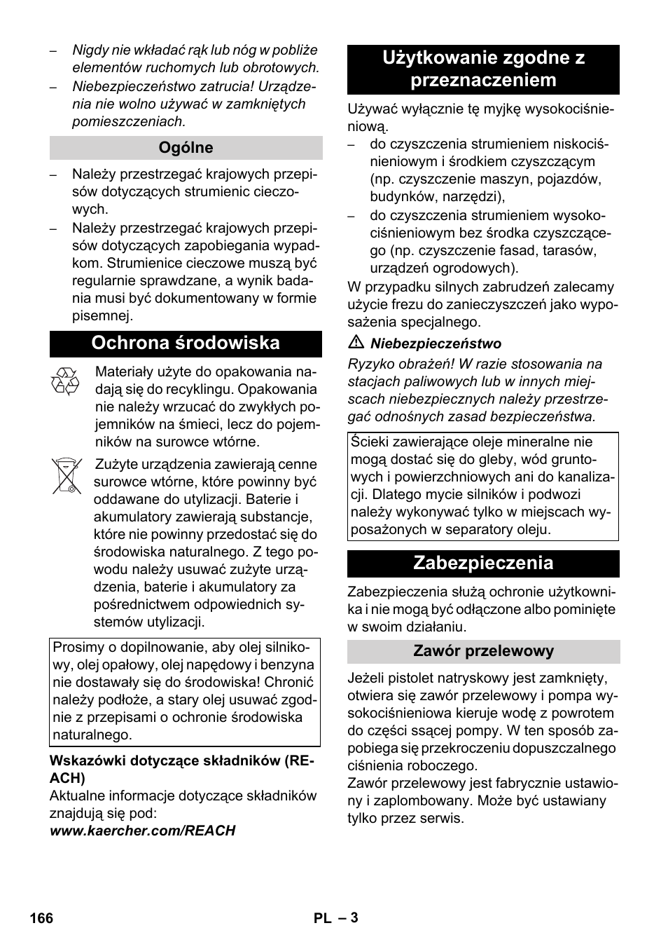 Ochrona środowiska, Użytkowanie zgodne z przeznaczeniem, Zabezpieczenia | Karcher HD 1050 De Cage User Manual | Page 166 / 286