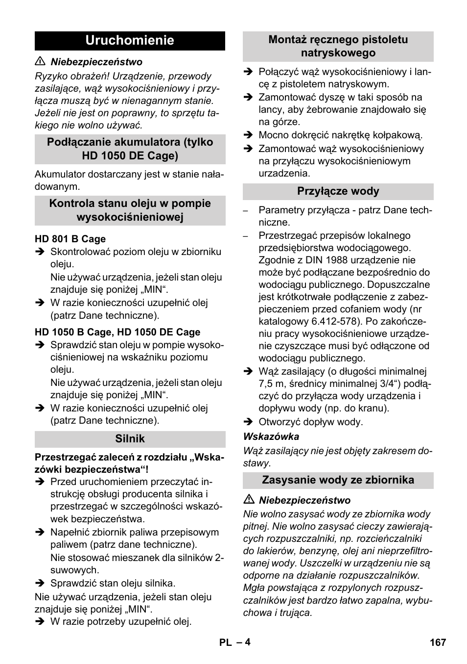 Uruchomienie | Karcher HD 1050 De Cage User Manual | Page 167 / 286