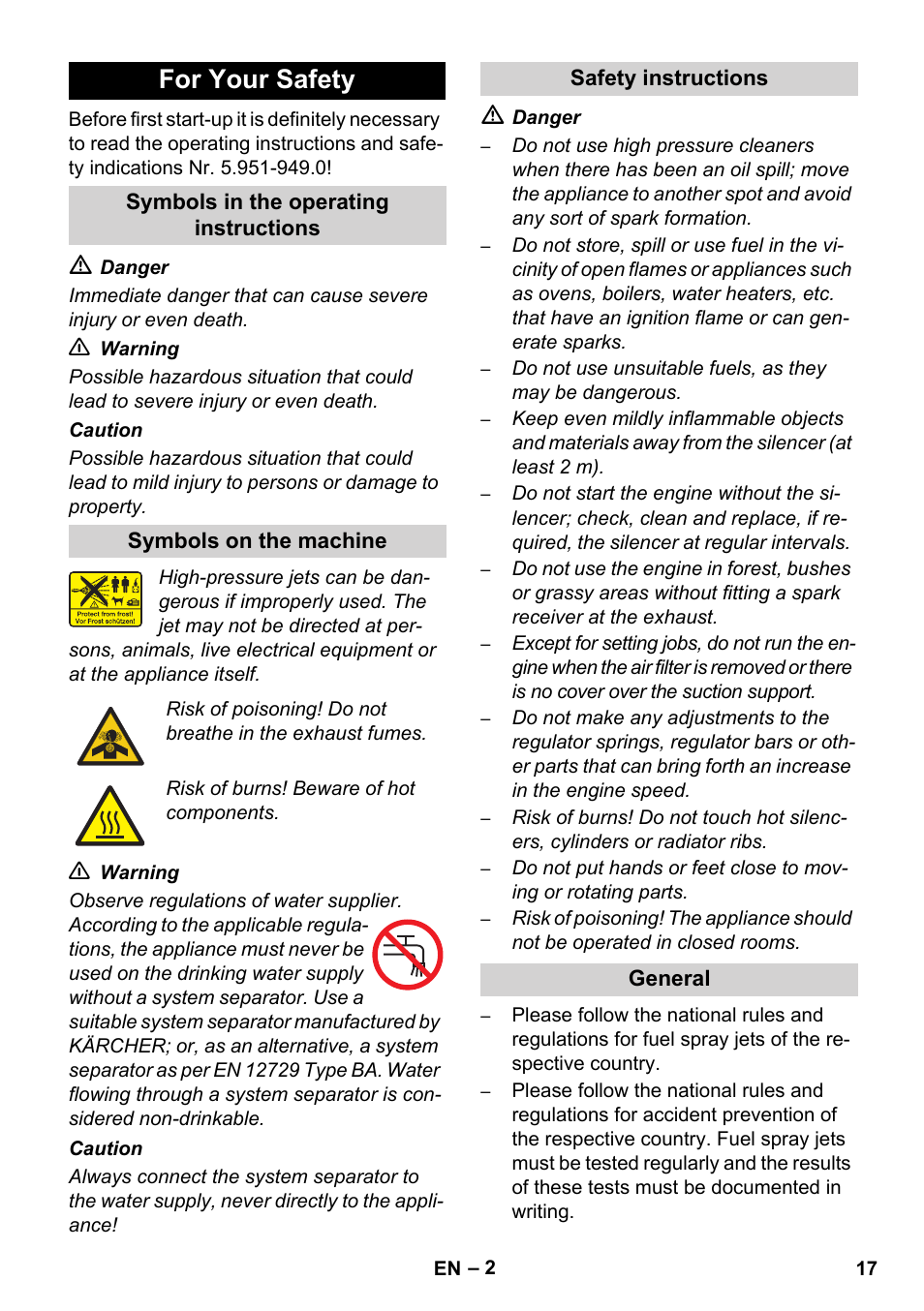 For your safety | Karcher HD 1050 De Cage User Manual | Page 17 / 286