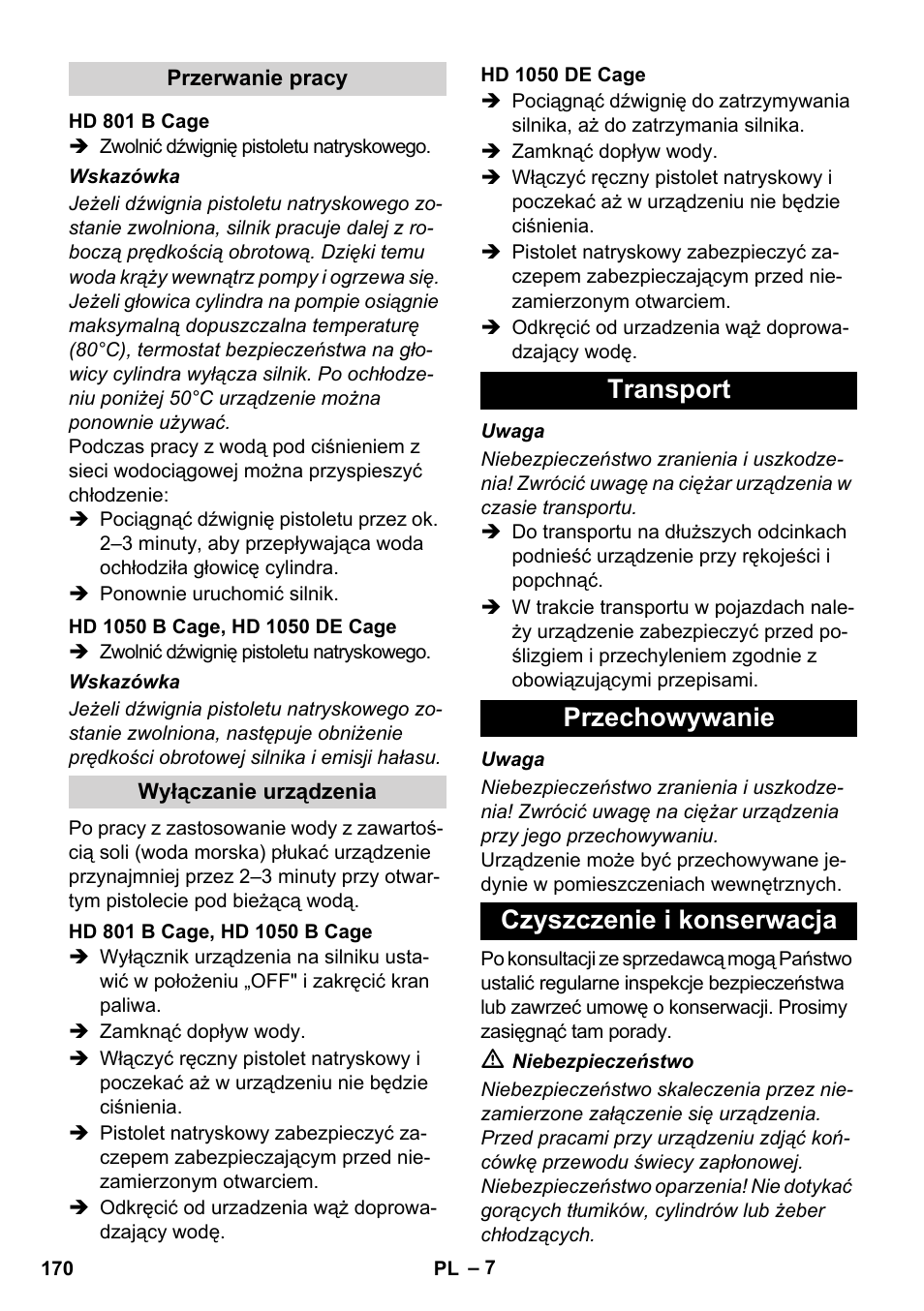 Transport przechowywanie czyszczenie i konserwacja | Karcher HD 1050 De Cage User Manual | Page 170 / 286