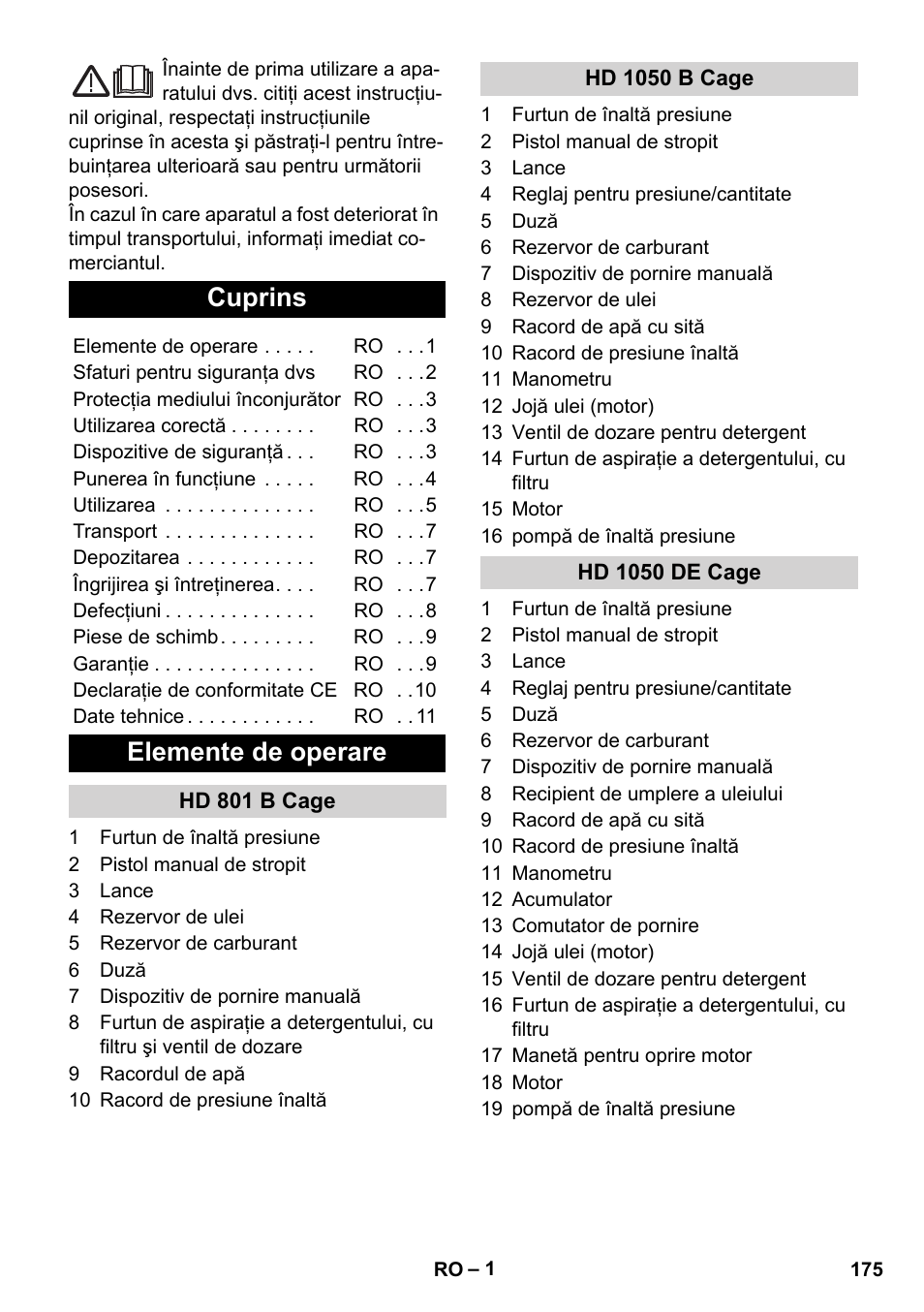 Româneşte, Cuprins, Elemente de operare | Karcher HD 1050 De Cage User Manual | Page 175 / 286