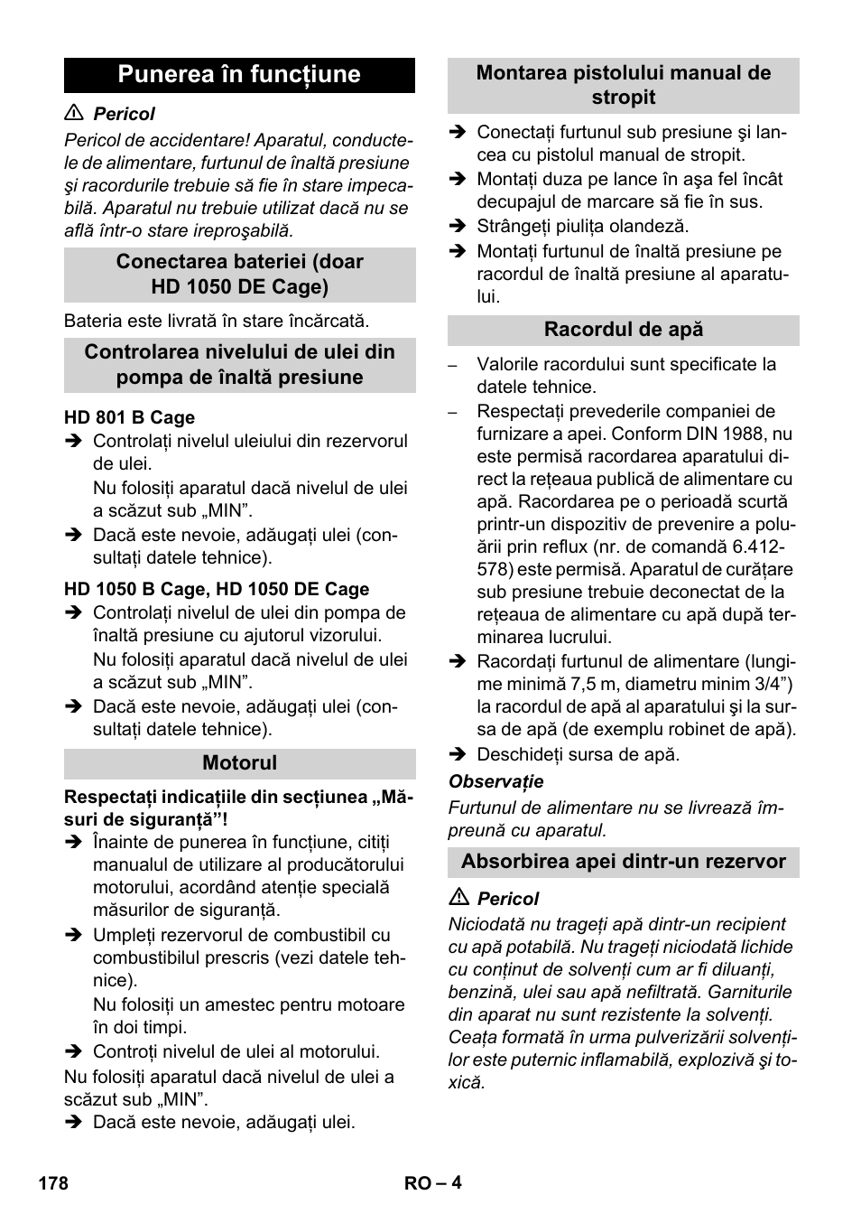 Punerea în funcţiune | Karcher HD 1050 De Cage User Manual | Page 178 / 286