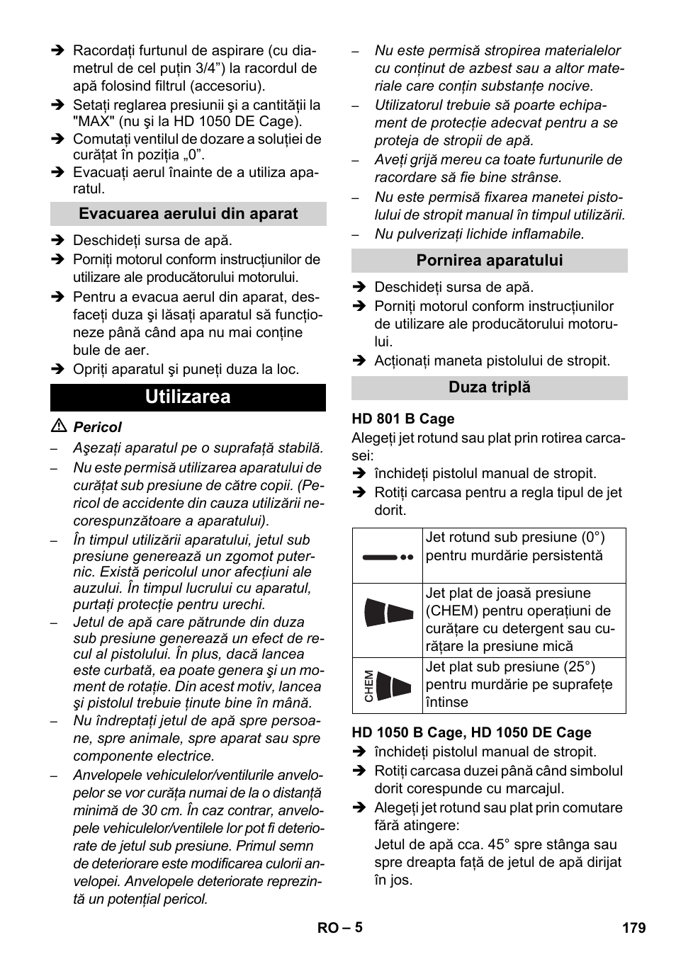 Utilizarea | Karcher HD 1050 De Cage User Manual | Page 179 / 286